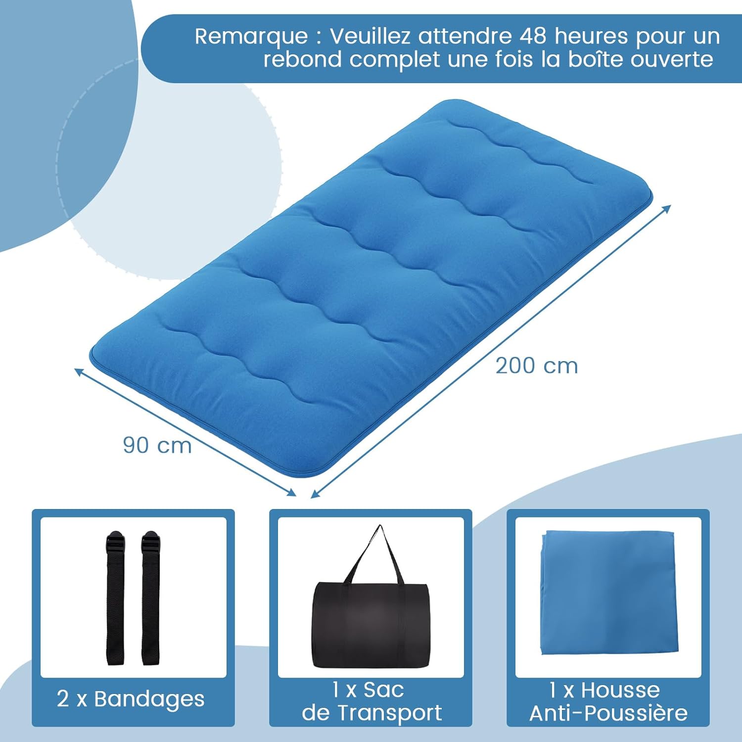 Matelas Futon Japonais 1 Personne 90x200CM, Lit de Couchage Enroulable de Sol Pliable et Portable avec Sac de Transport pour Camping, Voyages, Bleu - 3
