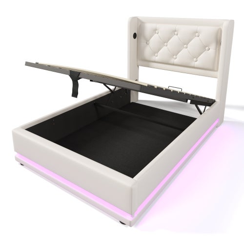 Letto Singolo Con Contenitore IKAYAA 90x200 - Sollevamento Idraulico | Bianco In Similpelle | Rete A Doghe Inclusa - Foto 5