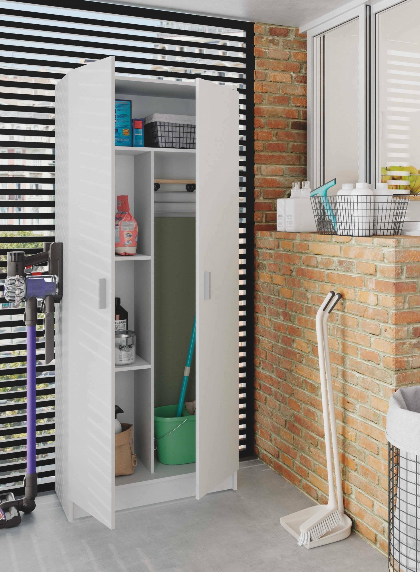 Armario multiusos 2 puertas Abadubidu, mueble para escobas, zapatero con estantes, zapatero, cm73x37h180 cm, Blanco - 5