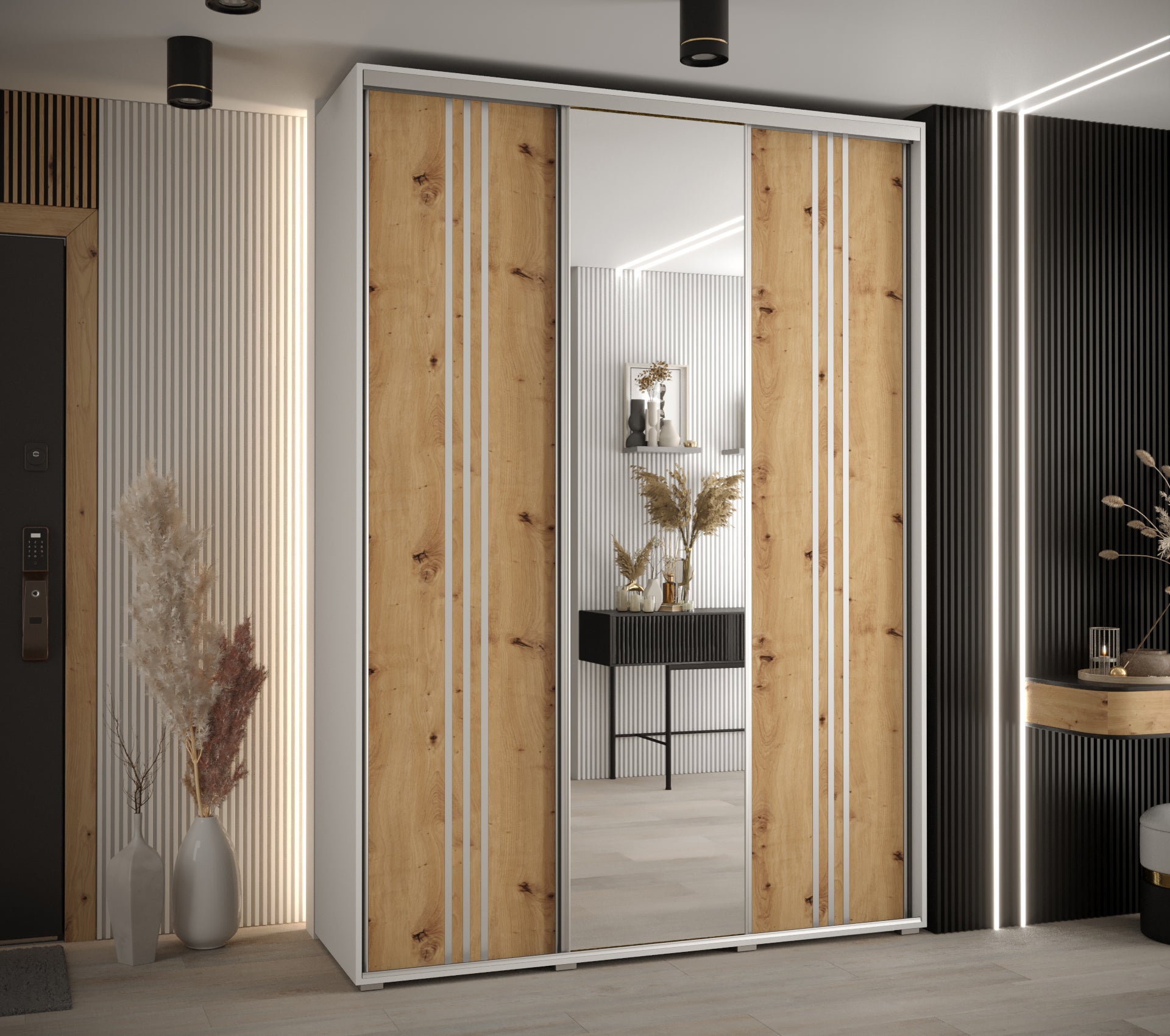 Szafa przesuwna z lustrem wysoka Davos 7 170 x 60 x 235,2 cm biały + artisan + u. srebrny - Abiks Meble - 2