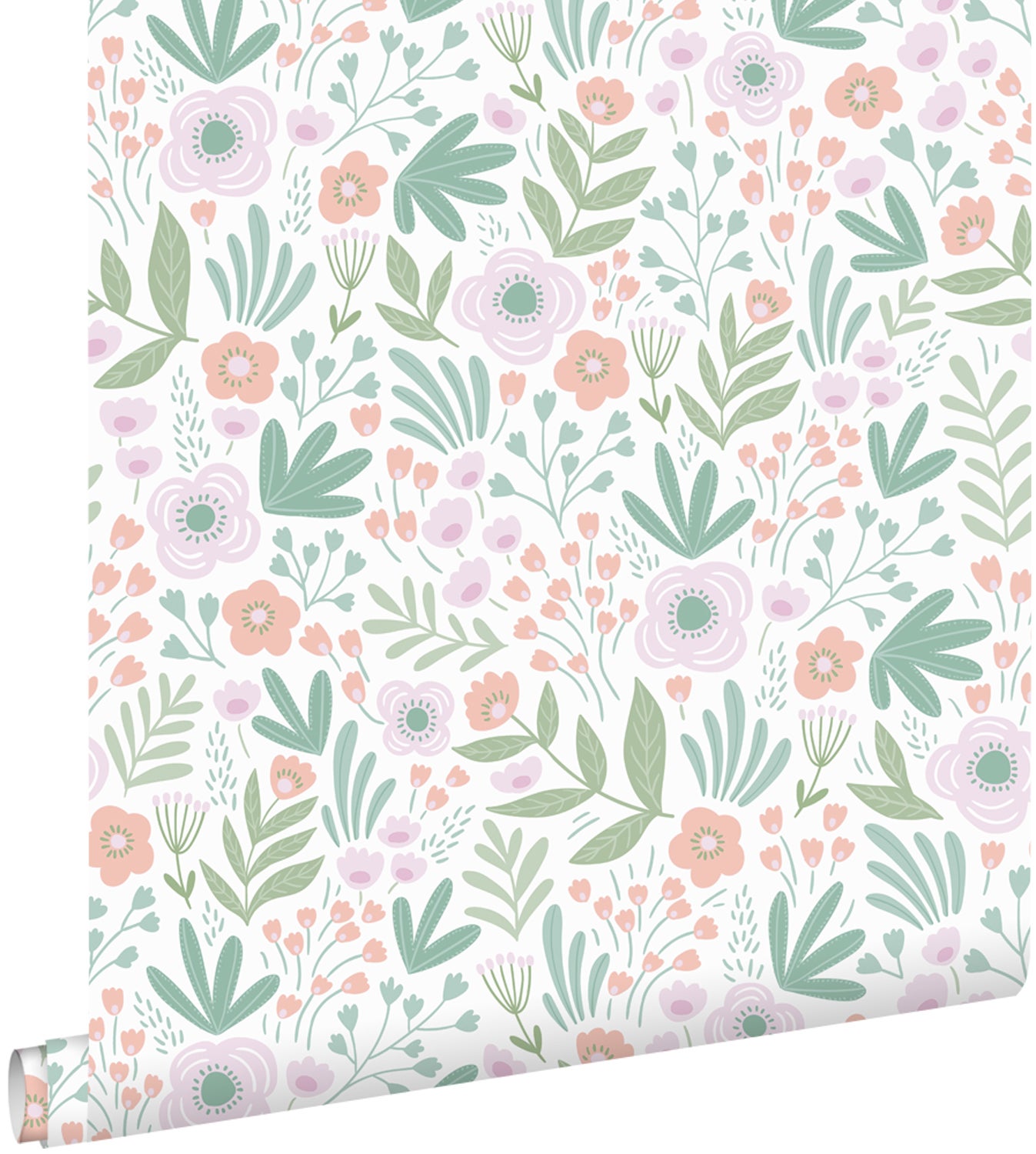 Papel pintado flores verde, naranja y morado lila - 50 x 900 cm - estahome