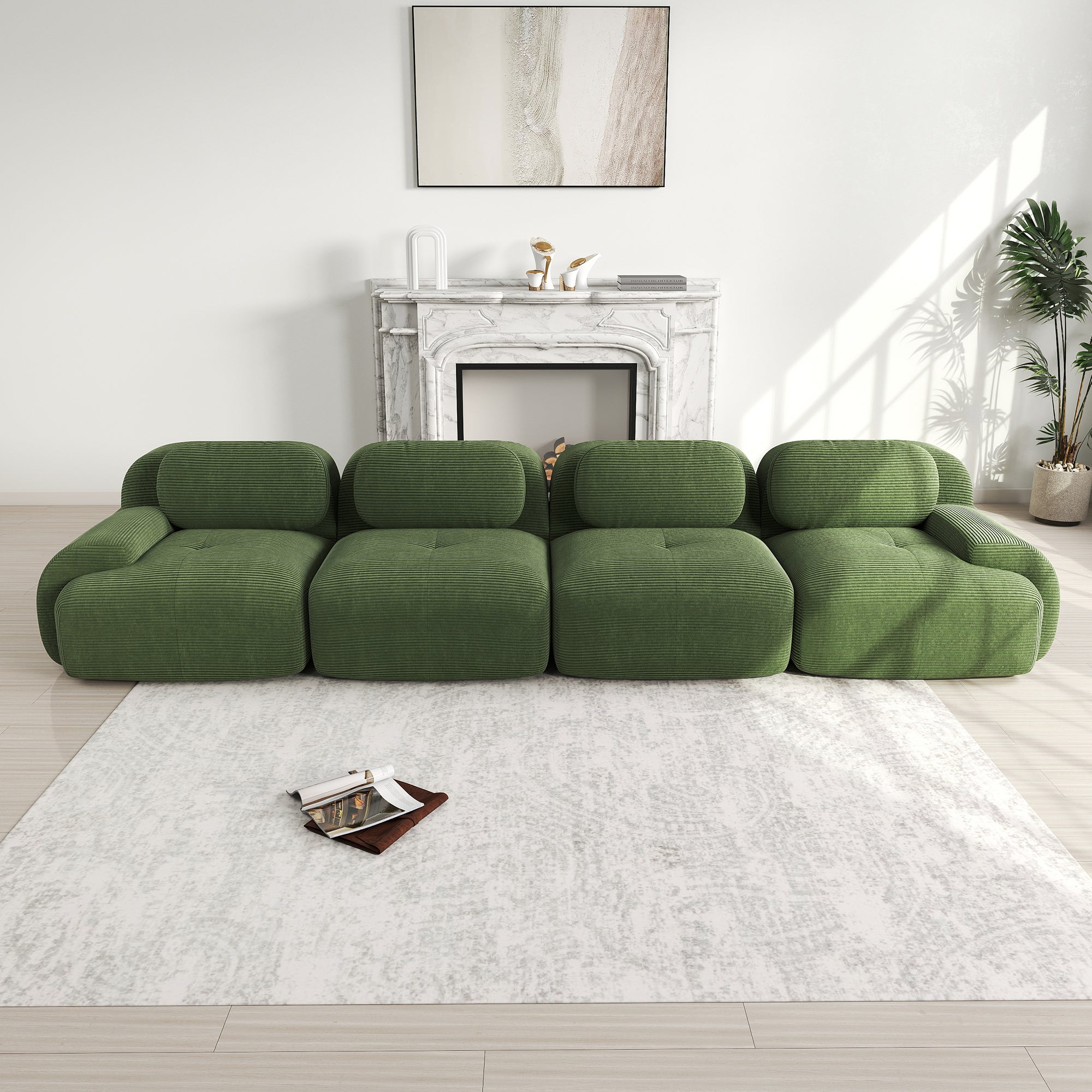 Canapé 4 places modulable 388x103x75 cm, sans structure, mousse haute résilience 32D, ergonomique, adapté aux animaux, velours côtelé, vert - 3