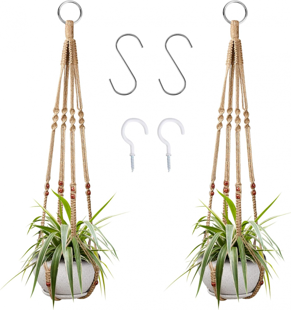 Set de 2 ghivece decorative suspendate din frânghie de bumbac cu 4 cârlige 2buc