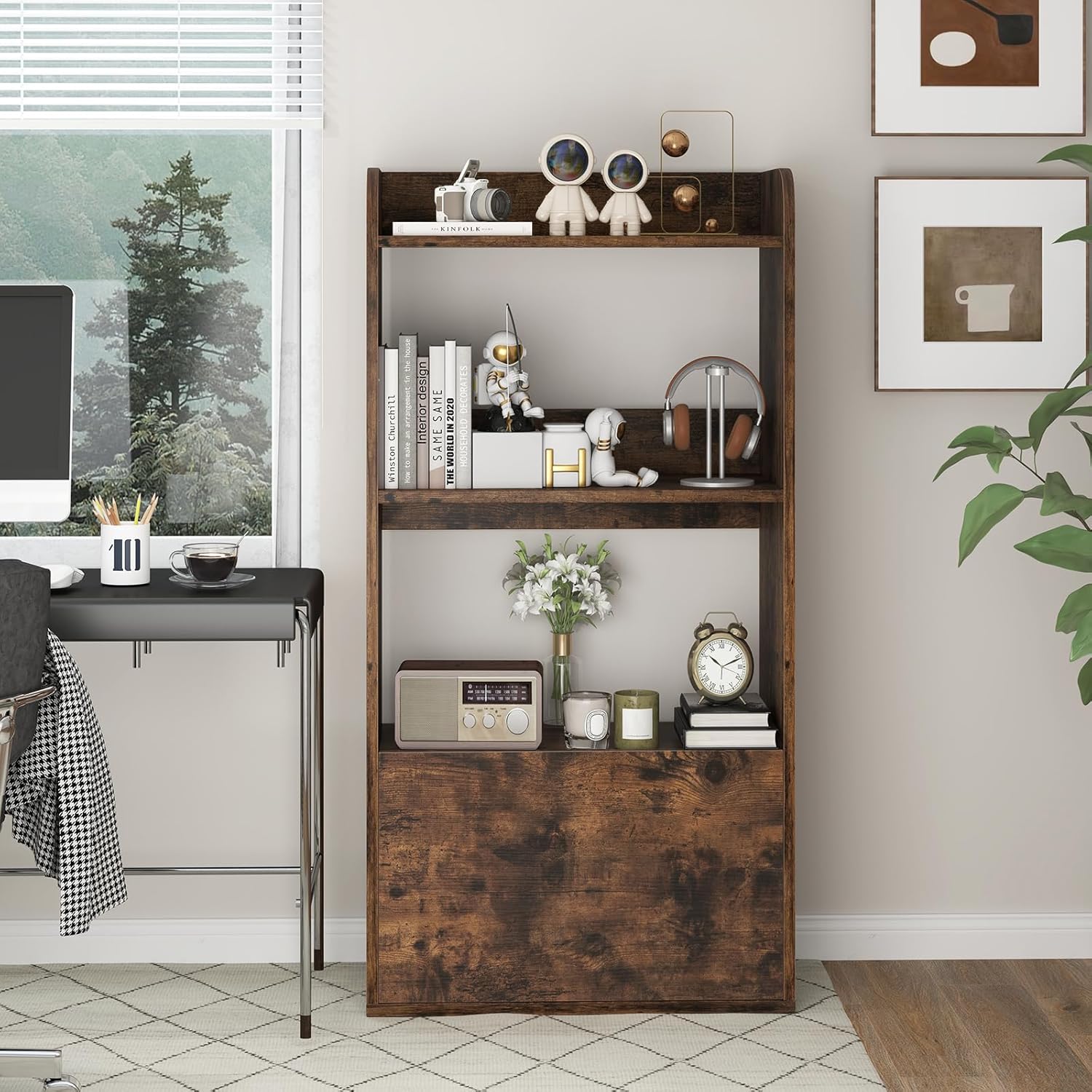 Libreria Aperta a 3 Ripiani, Scaffale Salvaspazio in Legno con Cassetto, Scaffale Portaoggetti Espositivo per Camera da Letto, Soggiorno, Cuci - 4