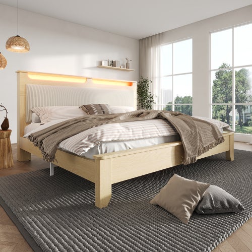 Lit adulte Lit double 180x200 cm avec tête de lit rangement et éclairage LED - Rétro en tissu - Structure bois -beige - 3