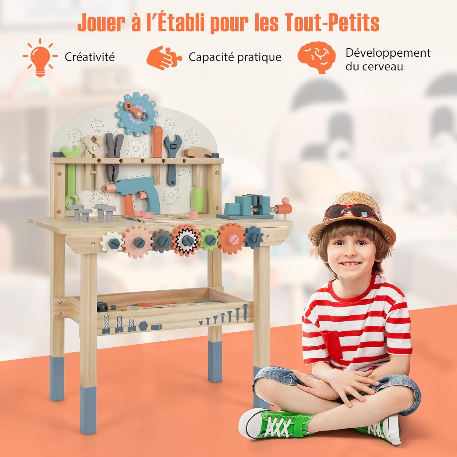Jouet d'Etabli en Bois pour Enfants avec 8 Outils & 53 Accessoires, Jeu d'imitation Bricolage avec Tableau Noir, Cadeau Enfant 3-8 Ans - 7