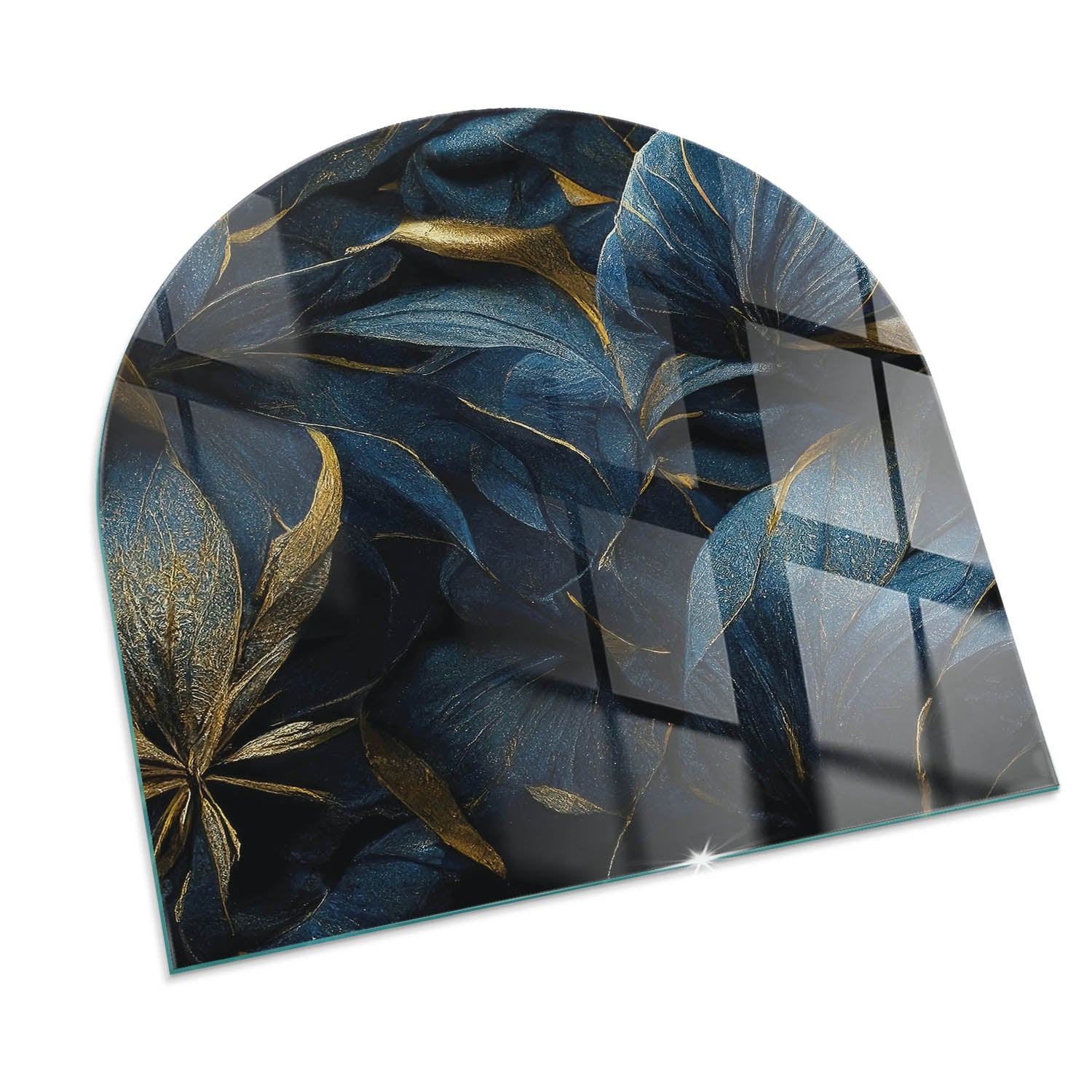 Szyba hartowana pod kominek, szkło zabebzpieczające podłoge, nowoczesny design | 100x100 | Półkole | Eleganckie liście w fakturze