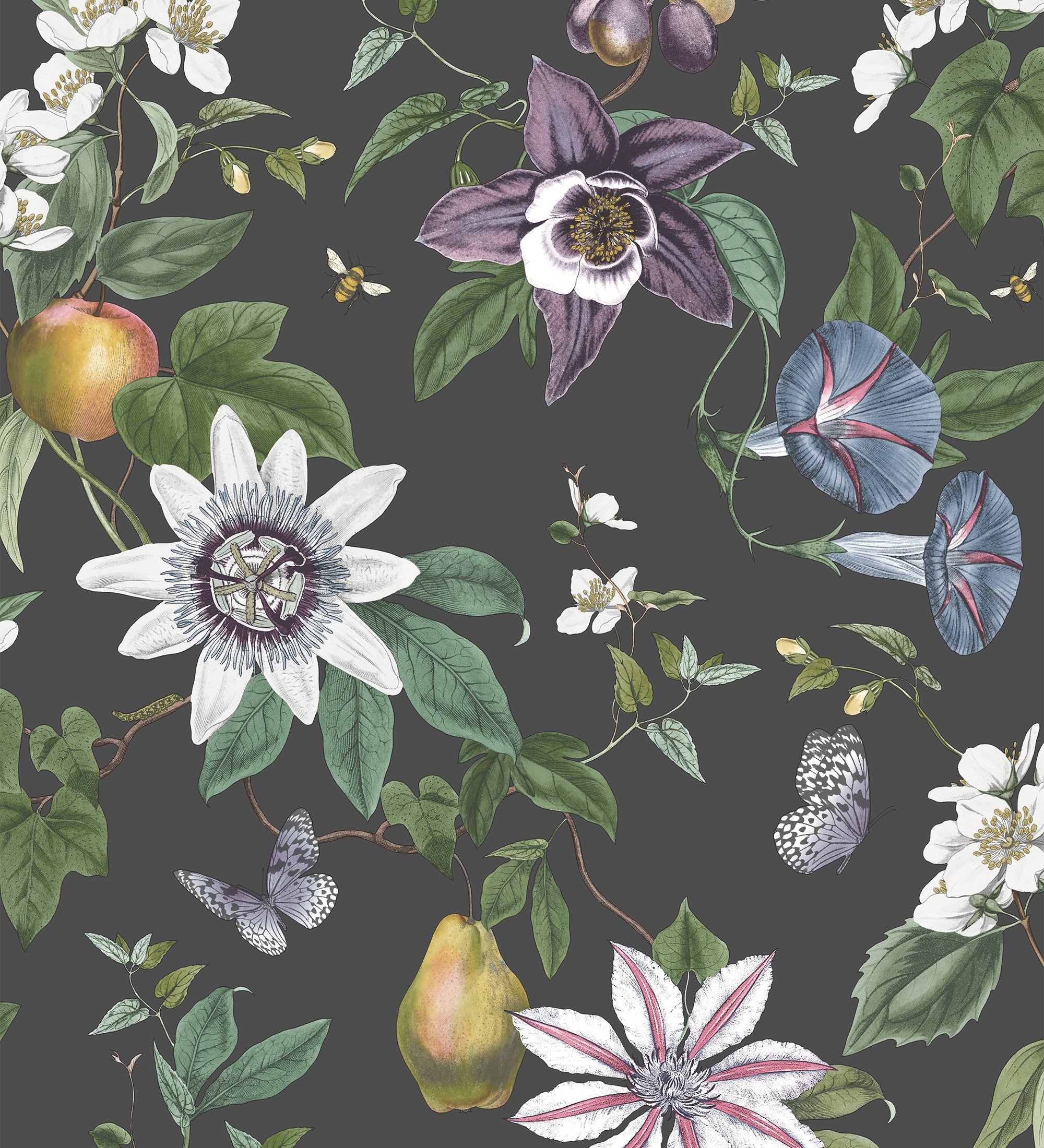 Papier peint de fleurs et de fruits sur fond de nacre noire - Amber Flowers 681967 de GAULAN - Rouleaux de 10 m x 0,52 m - 2