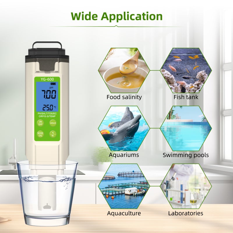 Testeur de sel 7 en 1 pour piscines, mesureur numérique salinité pH ORP, qualité de l'eau (chlorure de sodium) - 5