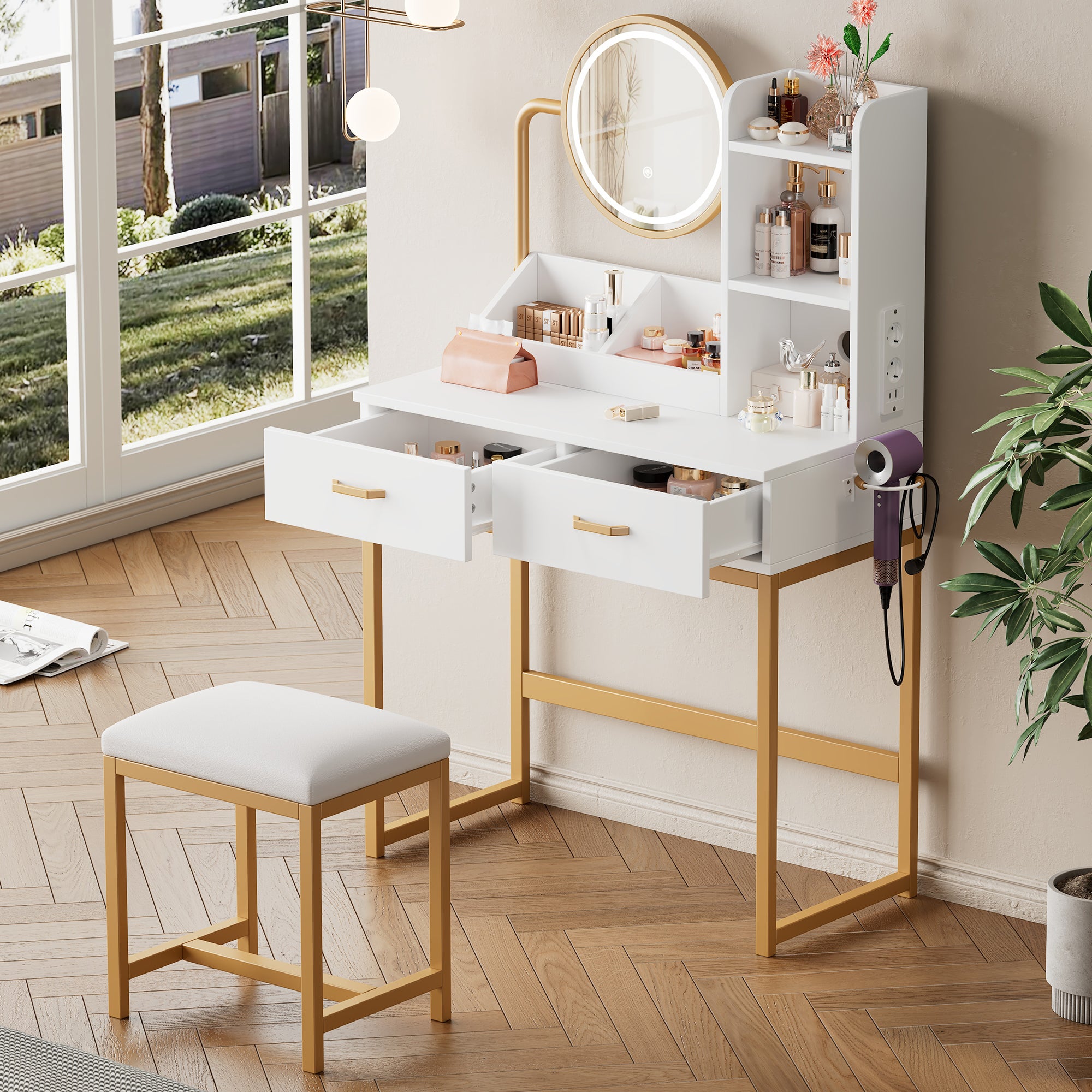 Coiffeuse moderne avec miroir pivotant, 2 tiroirs et tabouret - 80 x 40 x 138.5 cm - Panneaux de particules - Prises électriques - Blanc - 5