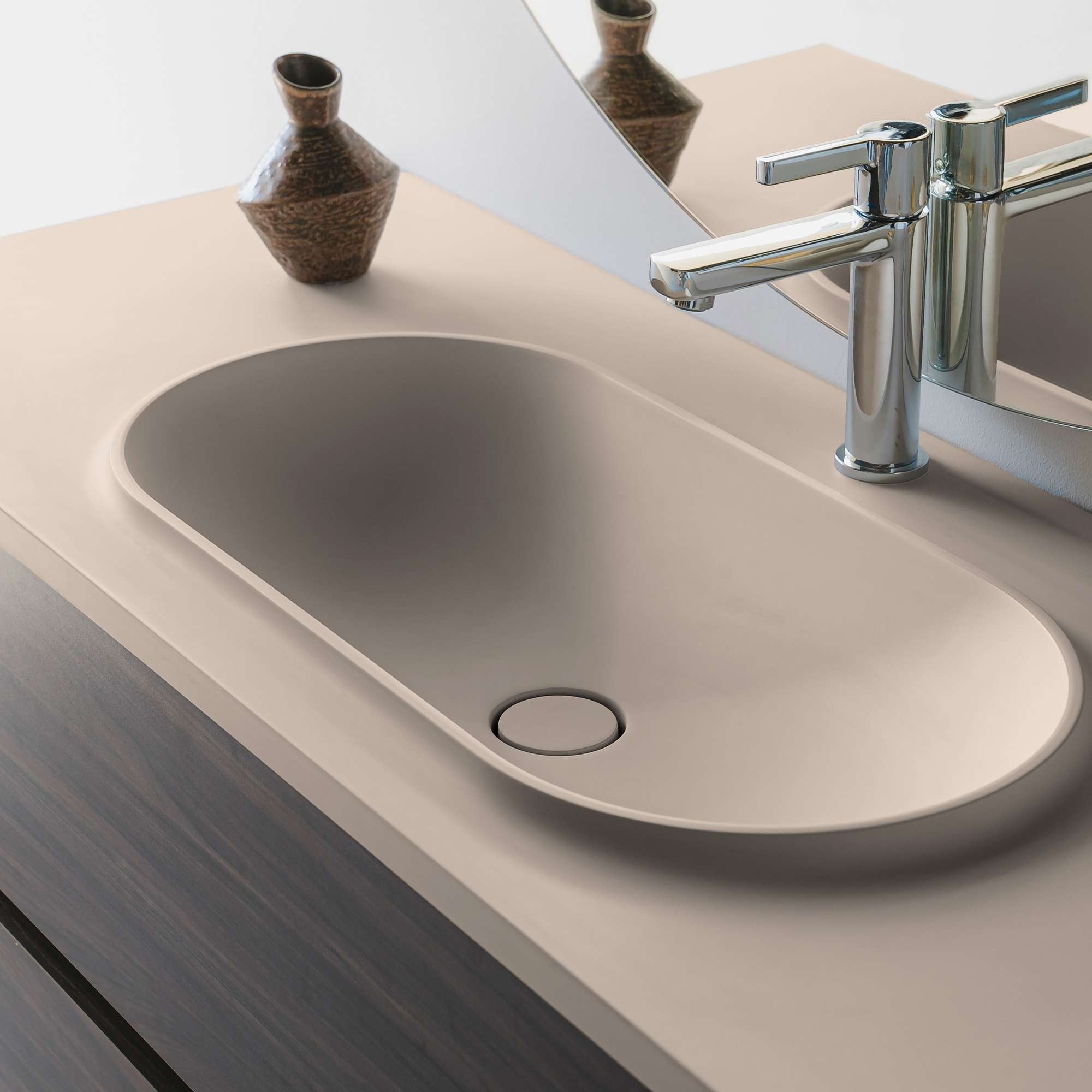 Ensemble meuble de salle bain 120 cm noyer plan vasque blanc perle POALGI 2 tiroirs - série Bül - 2