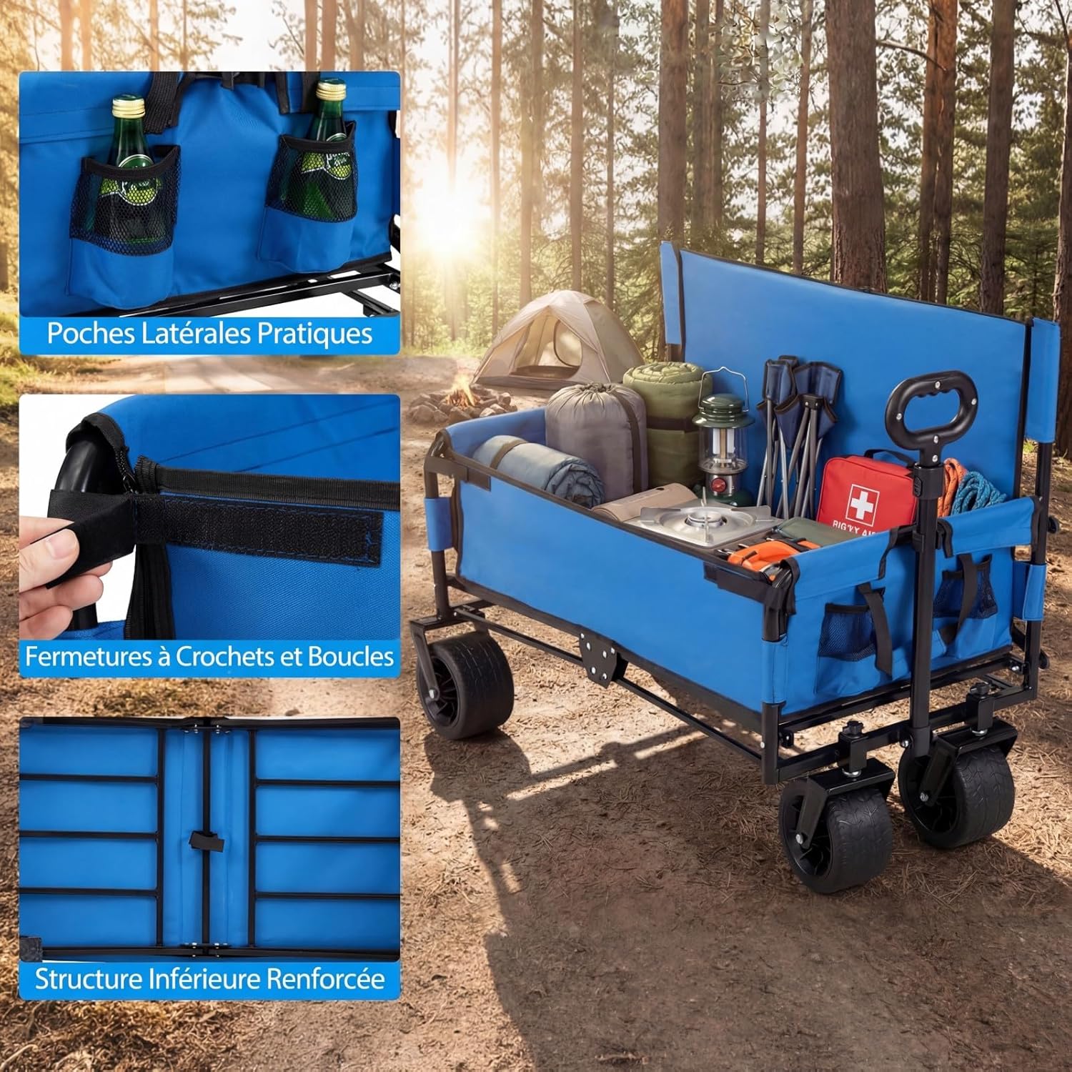 GIANTEX Chariot de Plage Pliable Banc 2-en-1, Chariot de Transport 85 L,Poignée Ajustable Poussée/tirée Coussins Doux et Roues Tout-Terrain,Bleu - 4