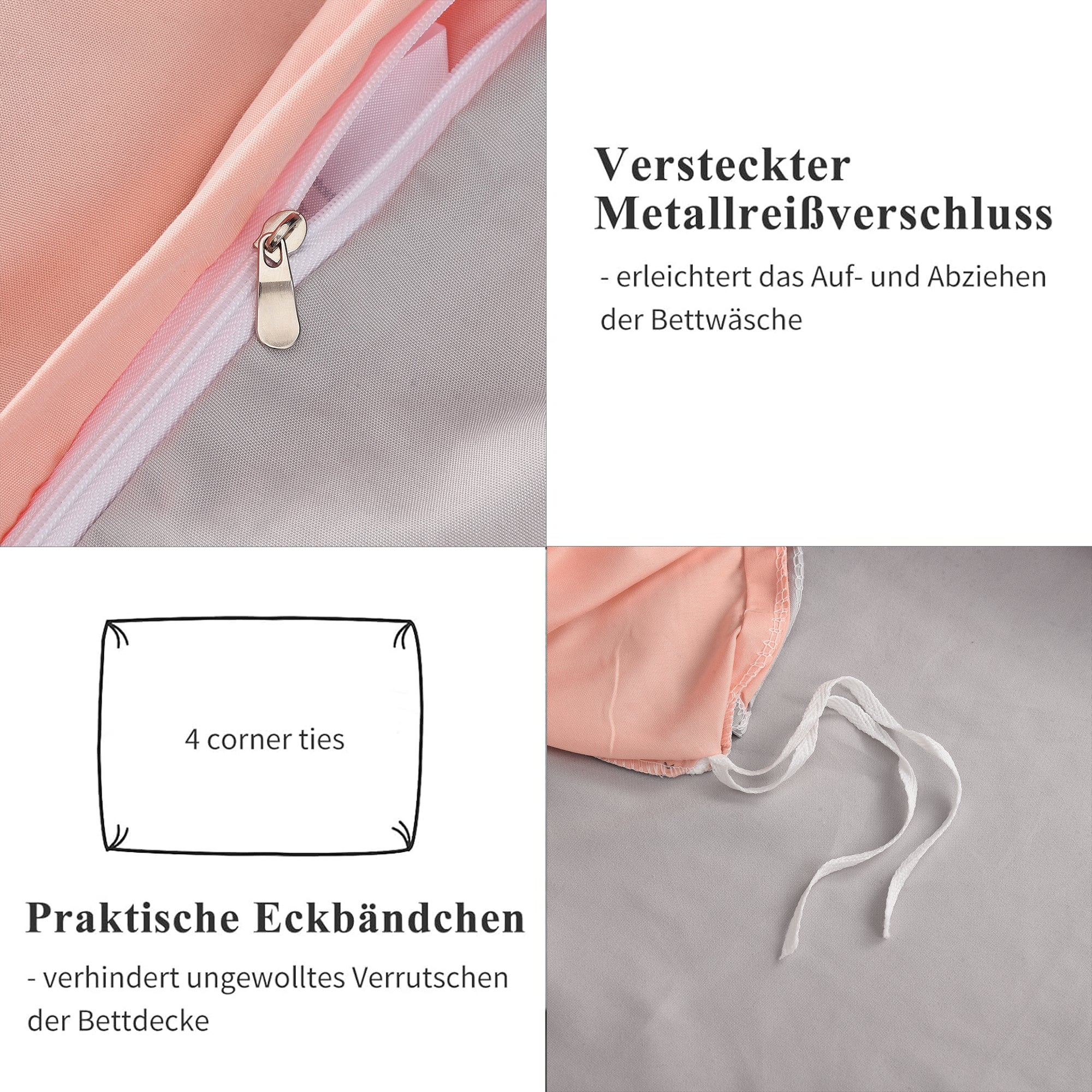 Ensemble de lit double quatre pièces, 140x210 cm, comprenant housse de couette, taies d'oreiller et drap-housse, rose. - 3