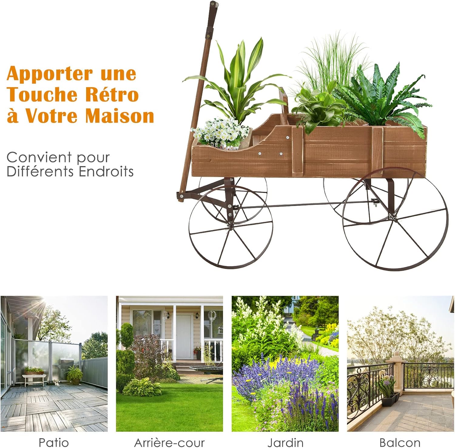 Brouette Décorative en Bois- 35×62,5×60cm- 2 Compartiments à Plantere-Jardinière Forme Brouette Chariot-Jusqu’à 15kg-Marron - 4