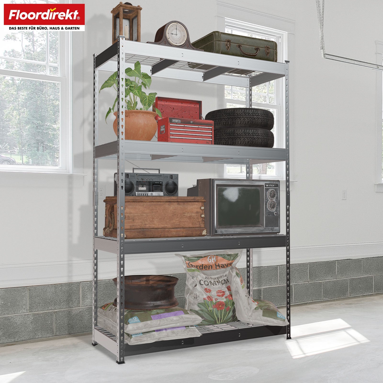 Étagère pour charges lourdes en acier avec tablettes grillagées Galvanisé 180 x 160 x 60 cm, 4 étages, Charge maximale : 1400kg - 2