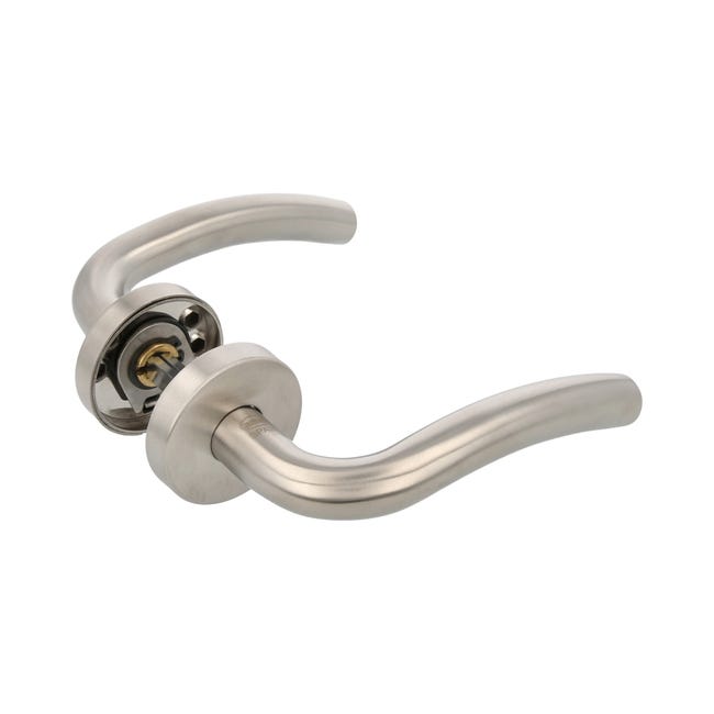 Juego De Manillas Con Roseta Para Puertas Amig | Modelo 4RXD | Acero Inoxidable Plateado Mate | Cuadradillo De 8 Mm | 135 X 19 Mm