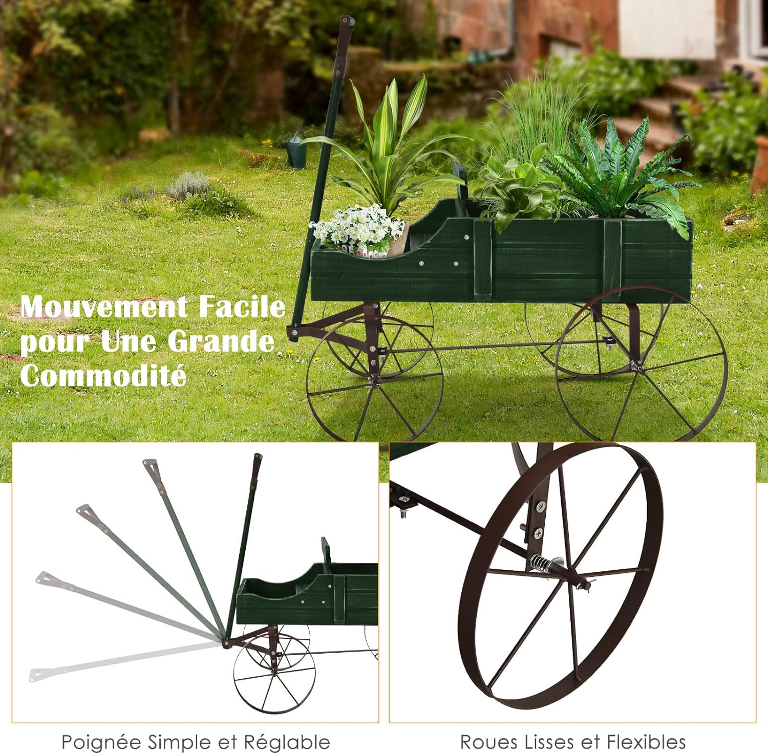 Jardinière Forme Brouette Chariot Décoratif en Bois avec Bac de Plantation pour Jardinières,Jusqu’à 15kg 35×62,5×60cm (Vert) - 6