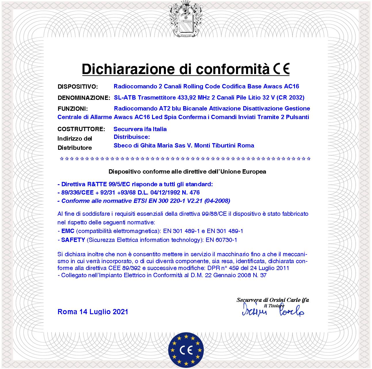 Radiocomando AT2 blu Trasmette Frequenza 433,92 MHz 2 Canali Pulsante Nero e Rosso Codici Univoci Comando e Gestione Della Centrale di Allarme Awacs A - 2