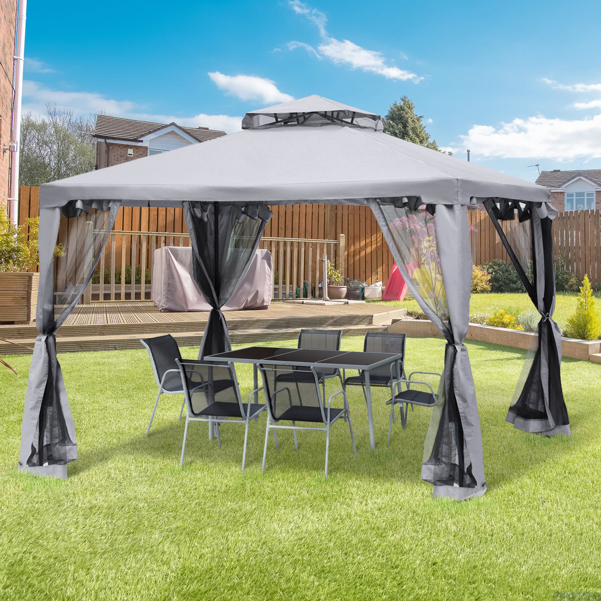Pérgola de aluminio con 4 paredes laterales 300x300cm resistente al clima metal y poliéster gris claro para jardín y eventos - 2