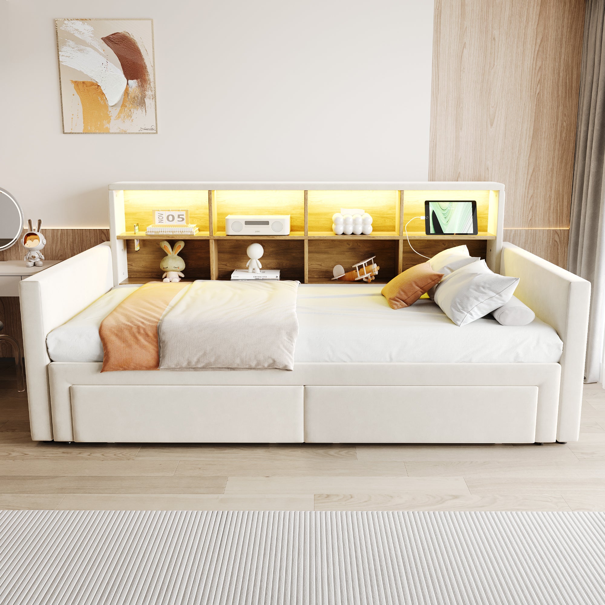 Rozkładana sofa z poduszkami 90x190 cm - Oświetlenie LED - z gniazdem ładowania - dwie szuflady - stelaż lamelowy - welur - beżowy - 3