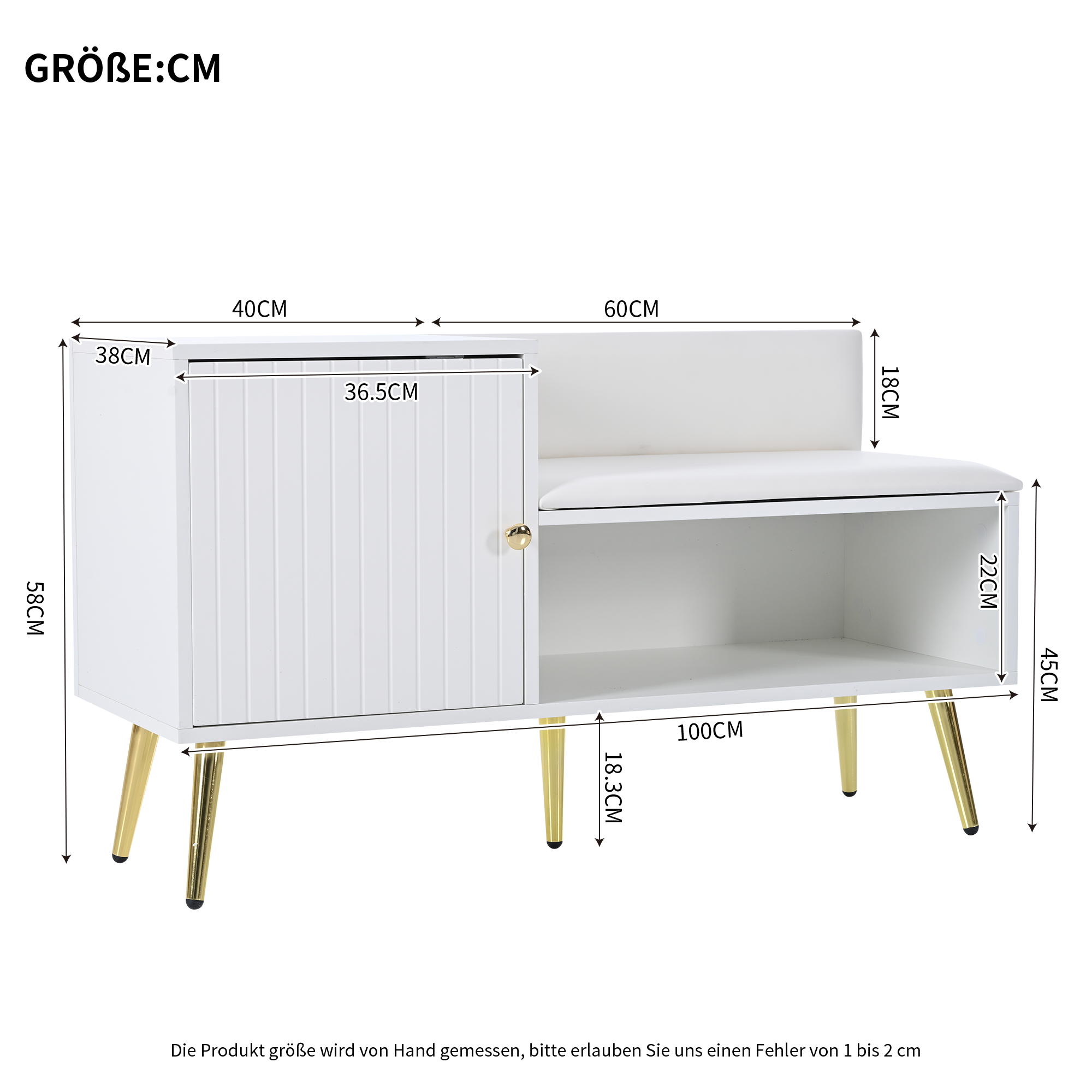 Commode à chaussures moderne luxueuse blanche, siège rembourré avec dossier, poignées/pieds métalliques, idéal entrée, dims: L100×P40×H58 cm - 9