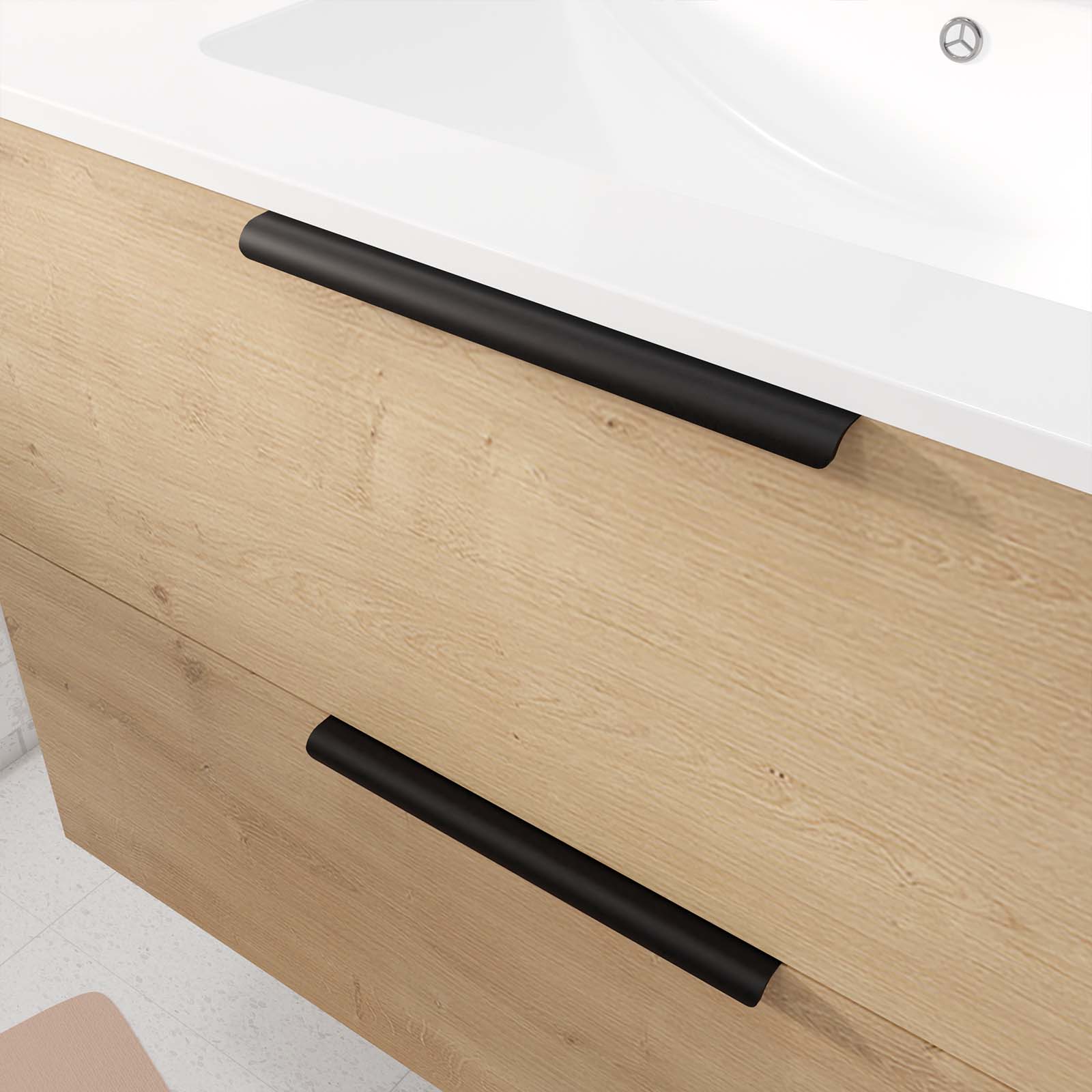 Meuble de Salle de Bains 60cm Suspendu Decor Bois Clair 2 Tiroirs - Vasque Blanche - ELEMENTARY - 8