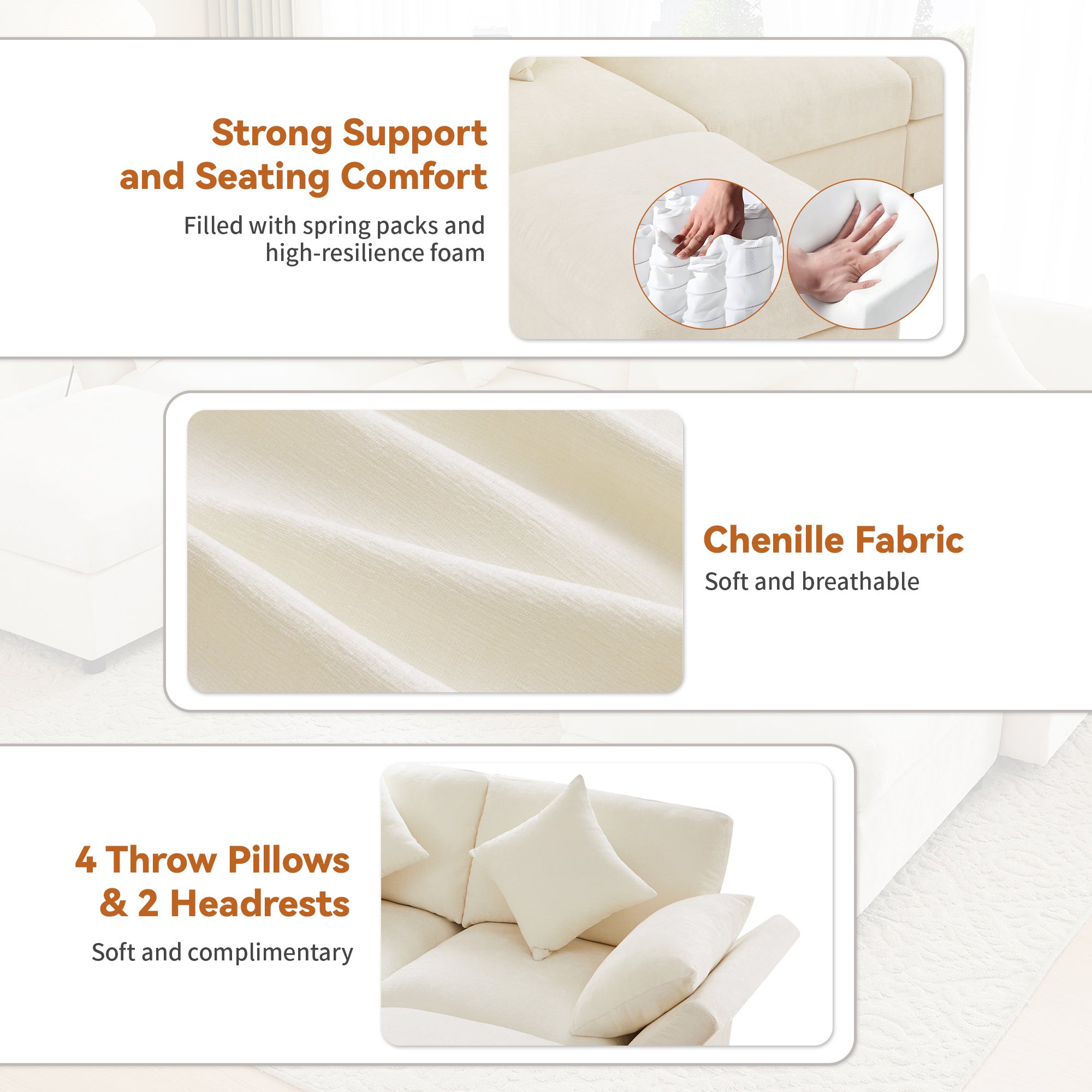 Canapé Modulable 284x156,5x86 cm - Tissu Chenille - Accoudoirs Réglables 3 Positions (90°/120°/180°) - Avec 2 Ottomans et 6 Coussins - Beige - 7