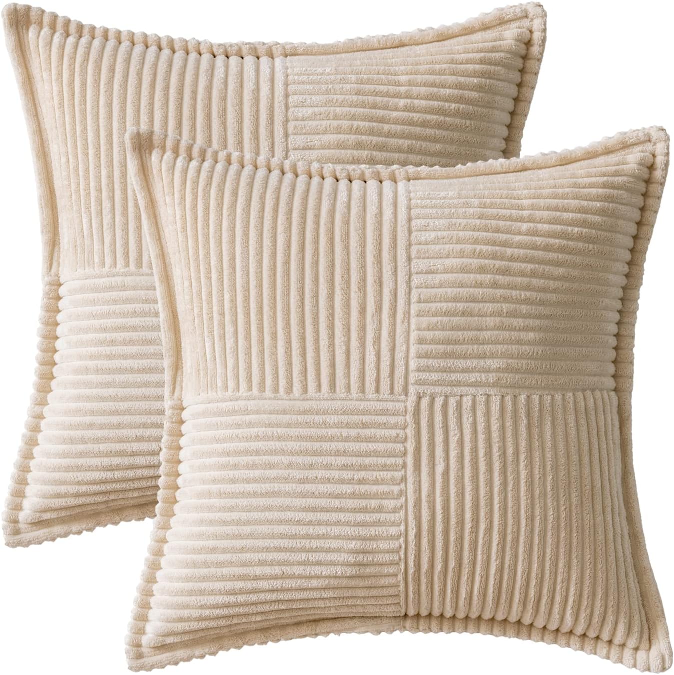 Housse Coussin Canapé 45x45 Taie Oreiller Lot de 2 en Velours Côtelé Beige à Motif Croisé Decoration Chambre Salon - 2