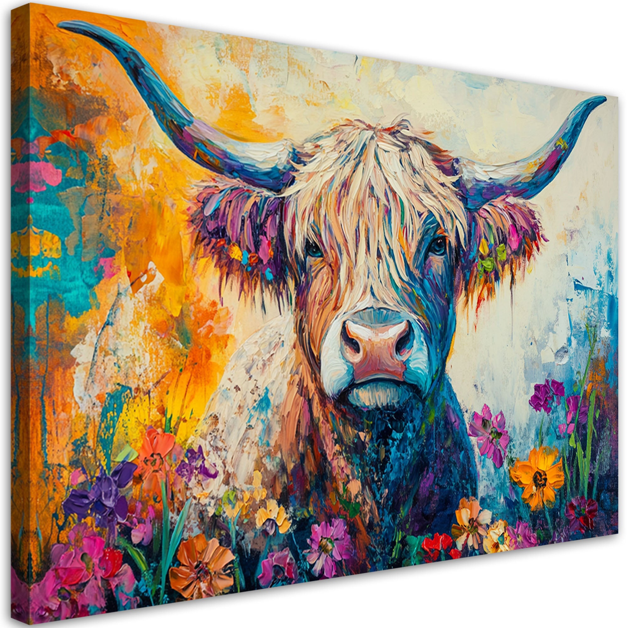 Obraz na płótnie, Kolorowa Szkocka Krowa, Kwiaty 90x60