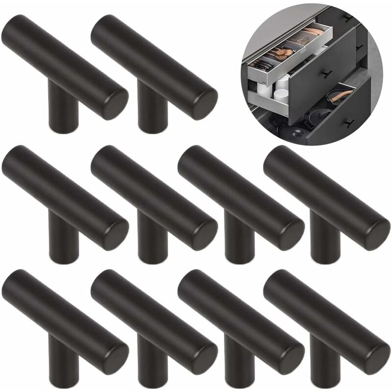 10 sztuk szczotkowanych uchwytów ze stopu T do łatwego otwierania drzwi szafek meblowych z pojedynczym otworem, 5 x 1,2 x 3 cm - czarne
