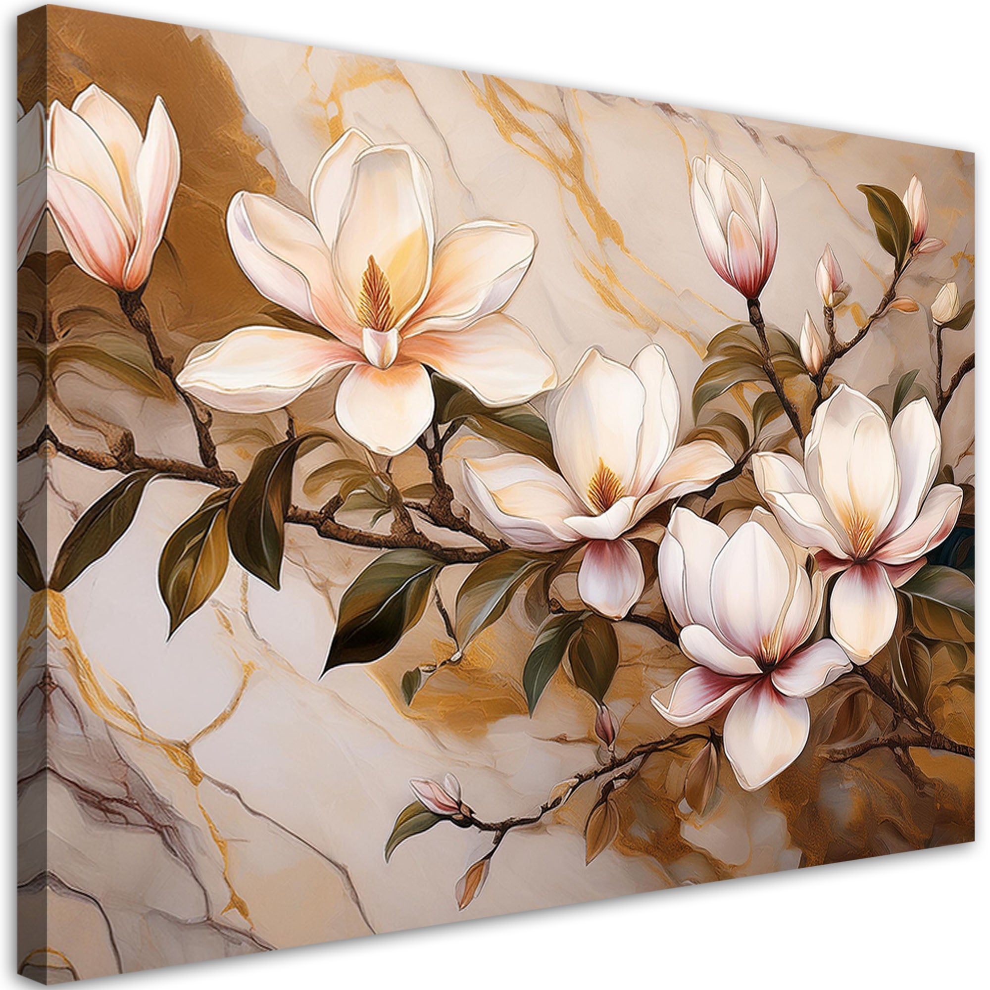 Obraz na płótnie, Magnolie Kwiaty Rośliny Marmur Złoty 100x70