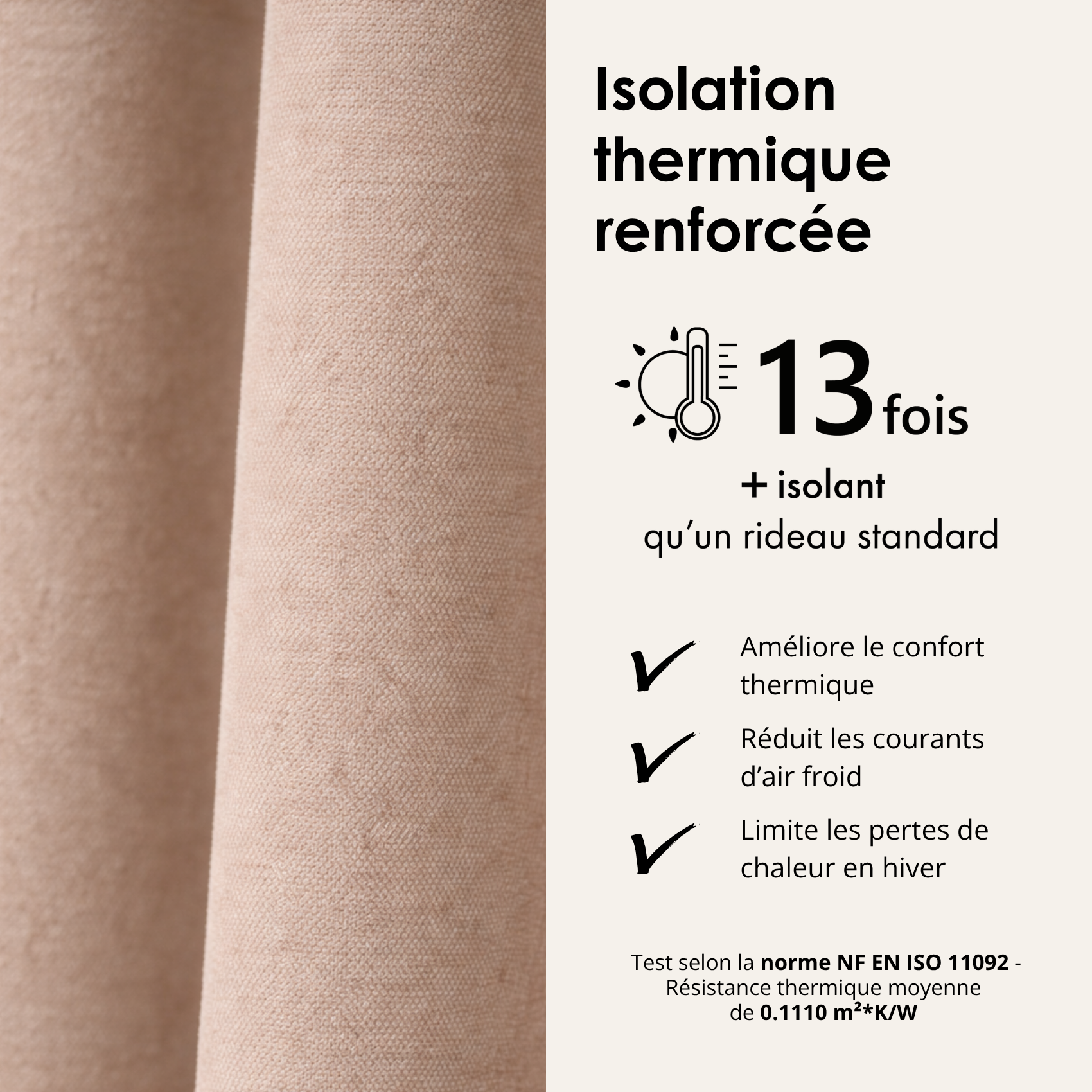 Rideau thermique phonique et semi occultant KONFOR - Beige - 140x300 cm - Flanelle/Polyester - 6
