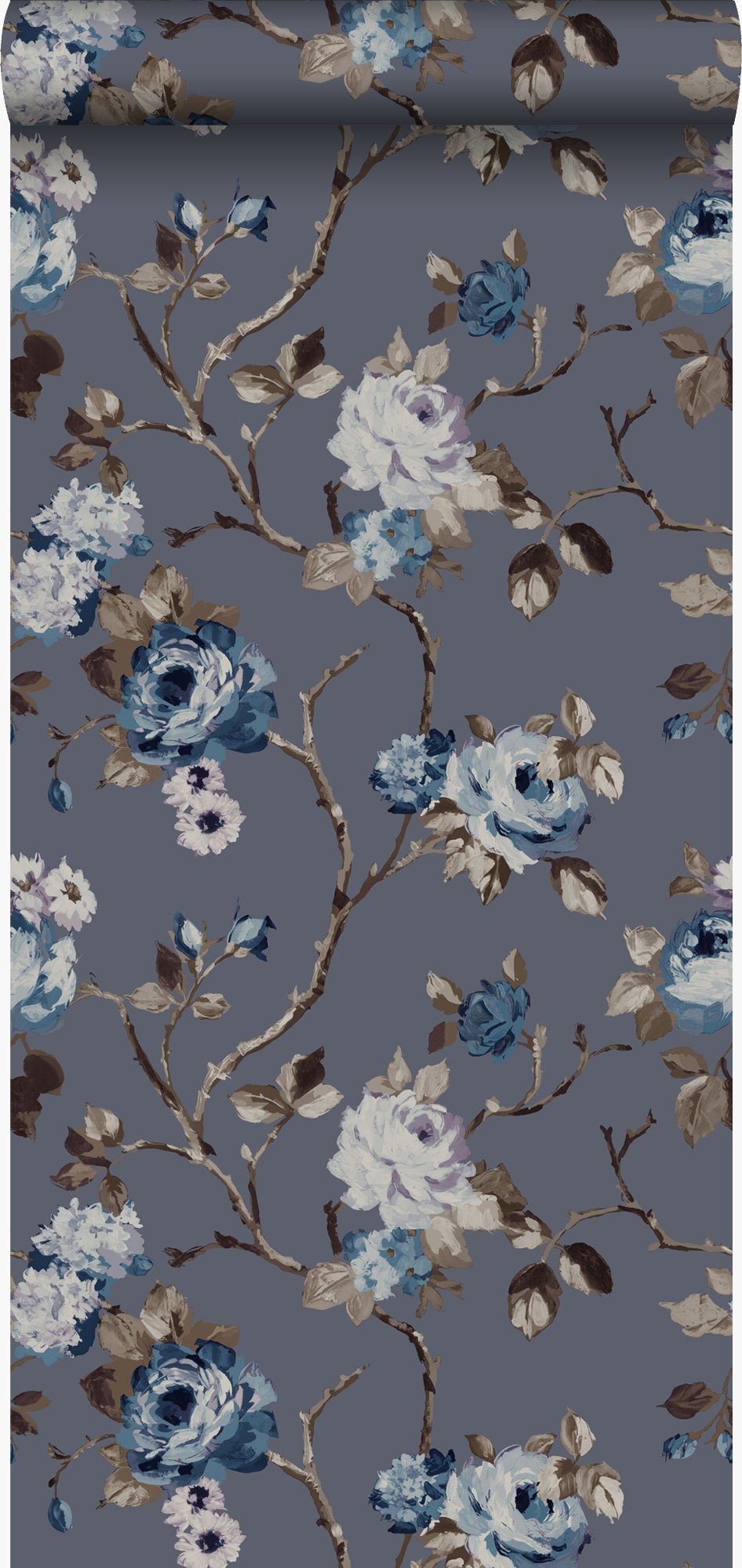 Papel pintado flores azul vintage y gris pardo - 53 cm x 10,05 m - origin wallcoverings