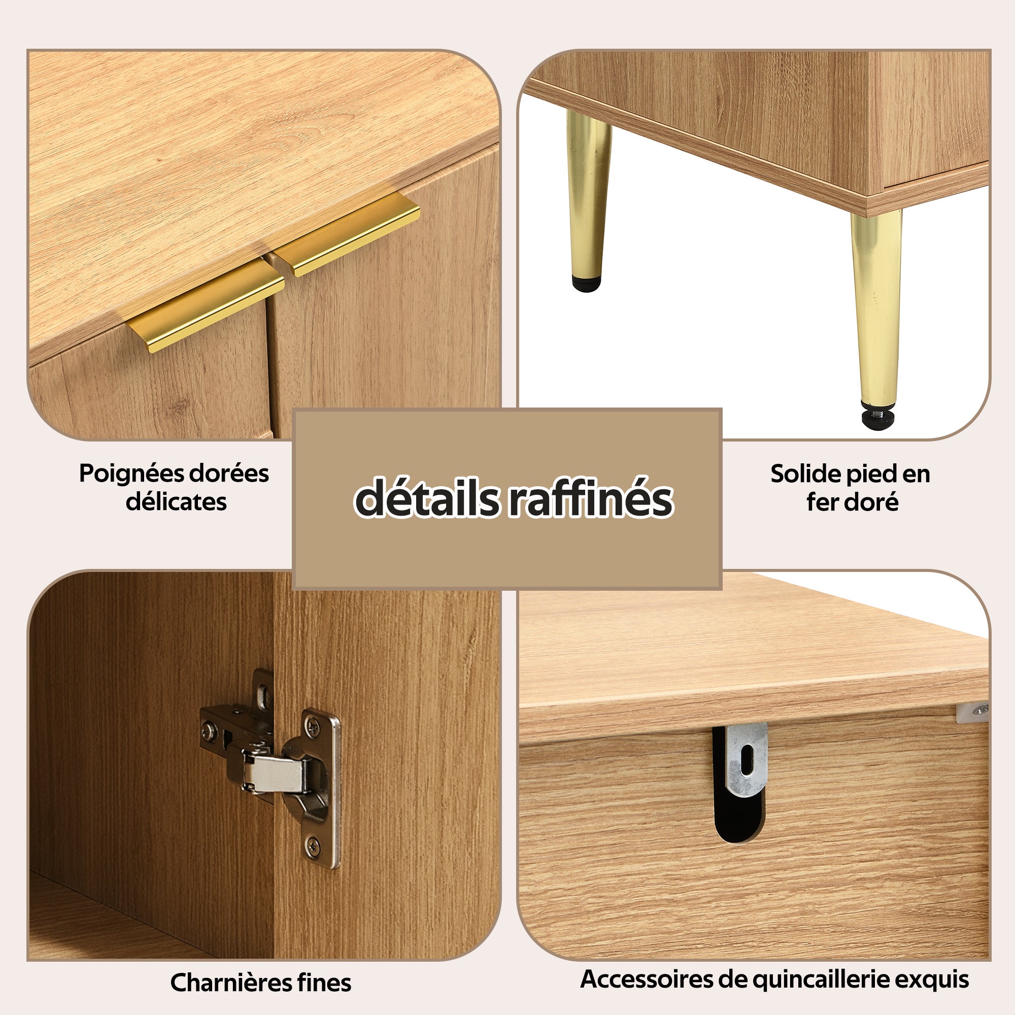 Buffet moderne 140x40x72 cm - 4 portes - Finition bois - Étagères réglables - Pieds en métal - MDF - Naturel - 5
