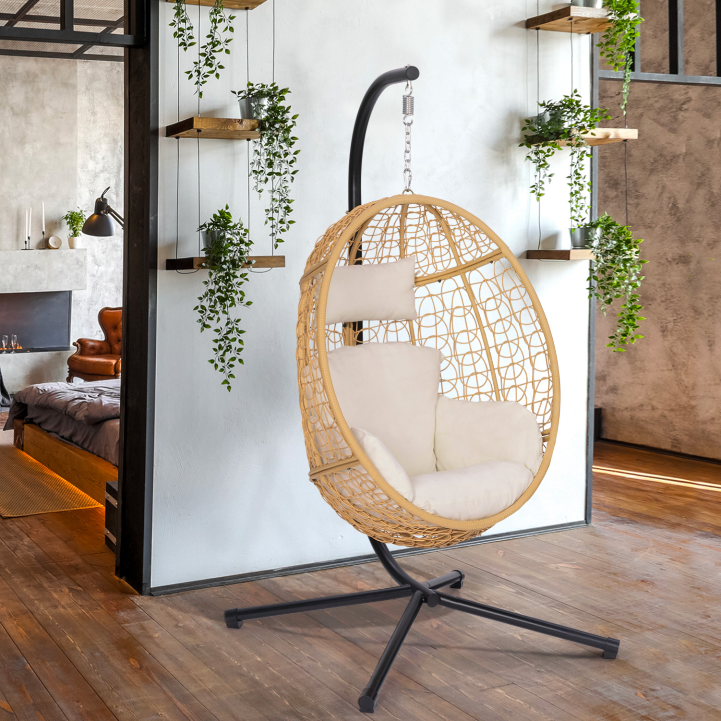 Fauteuil oeuf suspendu ajouré effet rotin avec coussin écru - 3