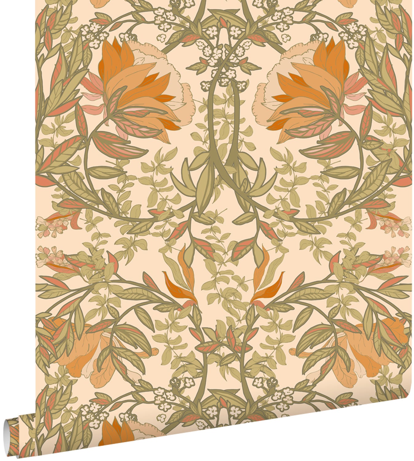 Tapeta vintage kwiaty w stylu secesyjnym zielonym,pomarańczowymIbeżowym - 50 x 900 cm - ESTAHOME