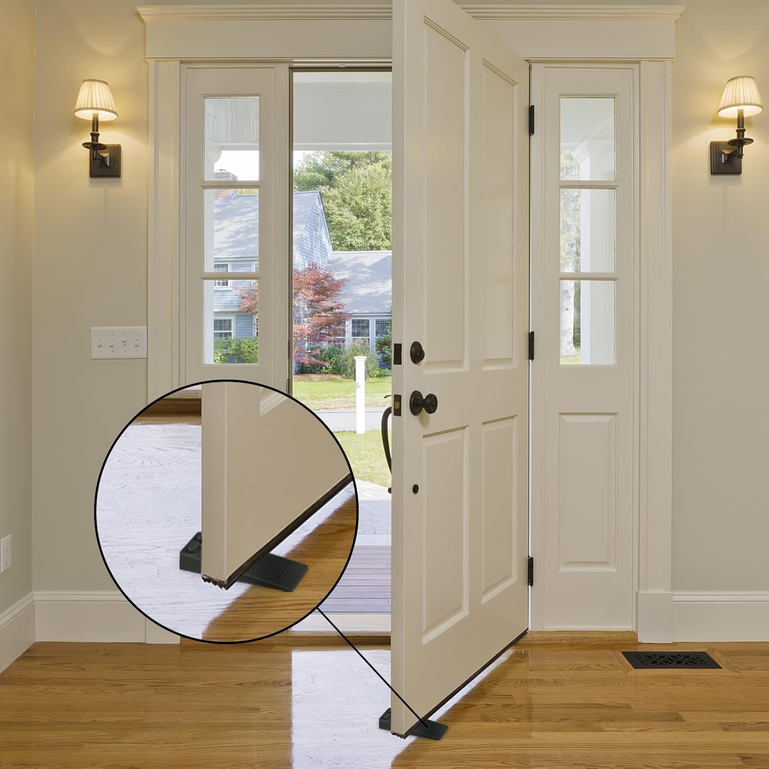 Cinque fermaporta in gomma morbida, regolabili in altezza, antiscivolo, proteggono pavimenti e pareti (neri). - 3