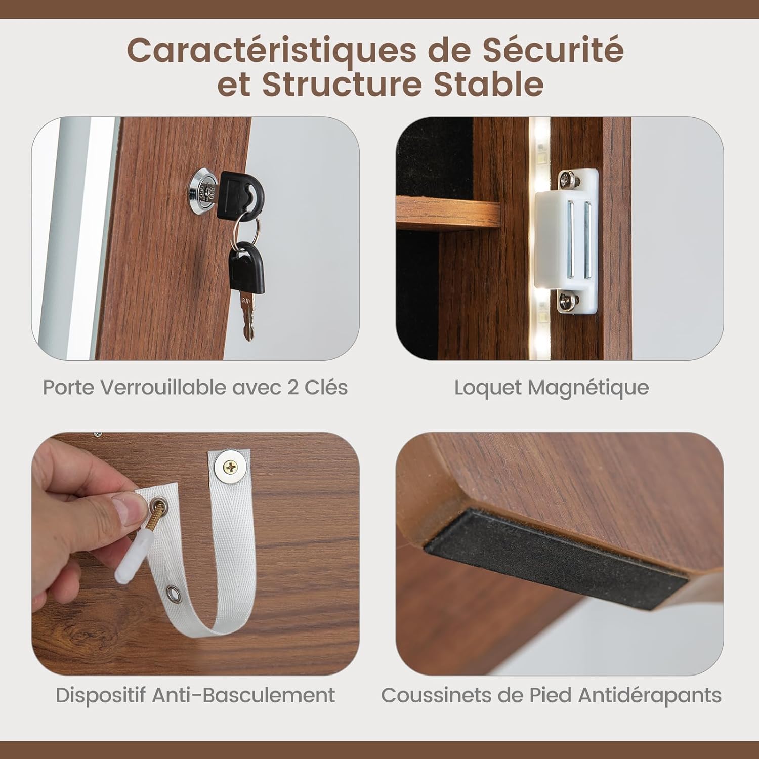 Armoire à Bijoux avec Miroir, Armoire de Rangement sur Pied pour Boucles d'Oreilles, Organisateur de Bijoux Verrouillable avec Lumières(Brun) - 7