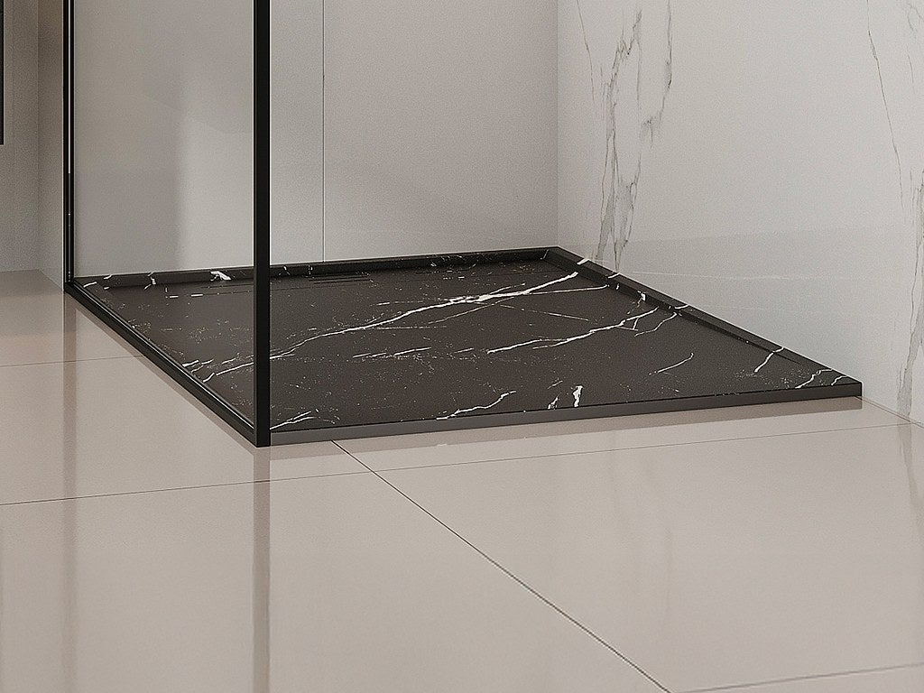 Brodzik płaski posadzkowy lub wpuszczany w posadzkę do przycięcia z żywicy SMC z syfonem - Czarny z efektem marmuru - 120 x 90 cm - LYROSA