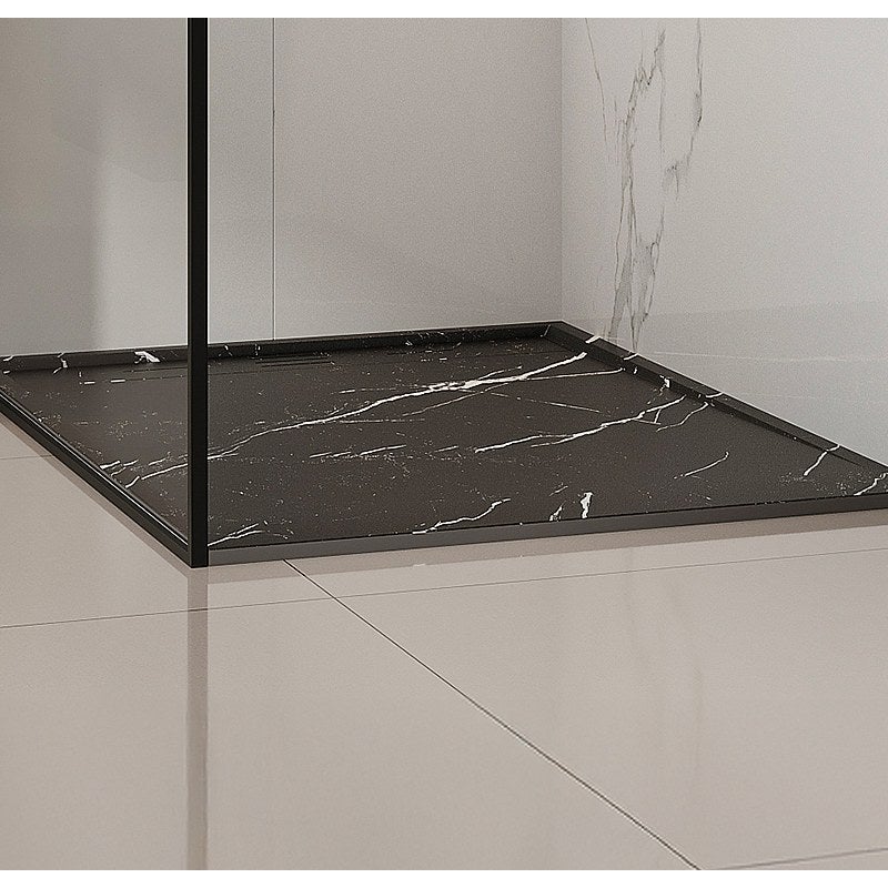 Brodzik płaski posadzkowy lub wpuszczany w posadzkę do przycięcia z żywicy SMC z syfonem - Czarny z efektem marmuru - 120 x 90 cm - LYROSA
