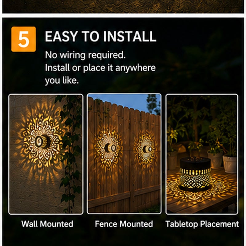 Lot de 4 appliques murales solaires d’extérieur Gardencave en métal, étanches, motif mandala, pour patios, marches, poteaux de jardin et terrasses - 5