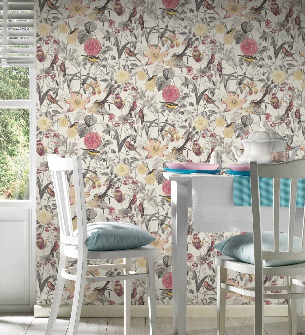 Papel pintado vinílico lavable con dibujo de flores y pájaros con estilo inglés - victoria blossom 126370 de gaulan - rollo de 10 m x 0,53 m