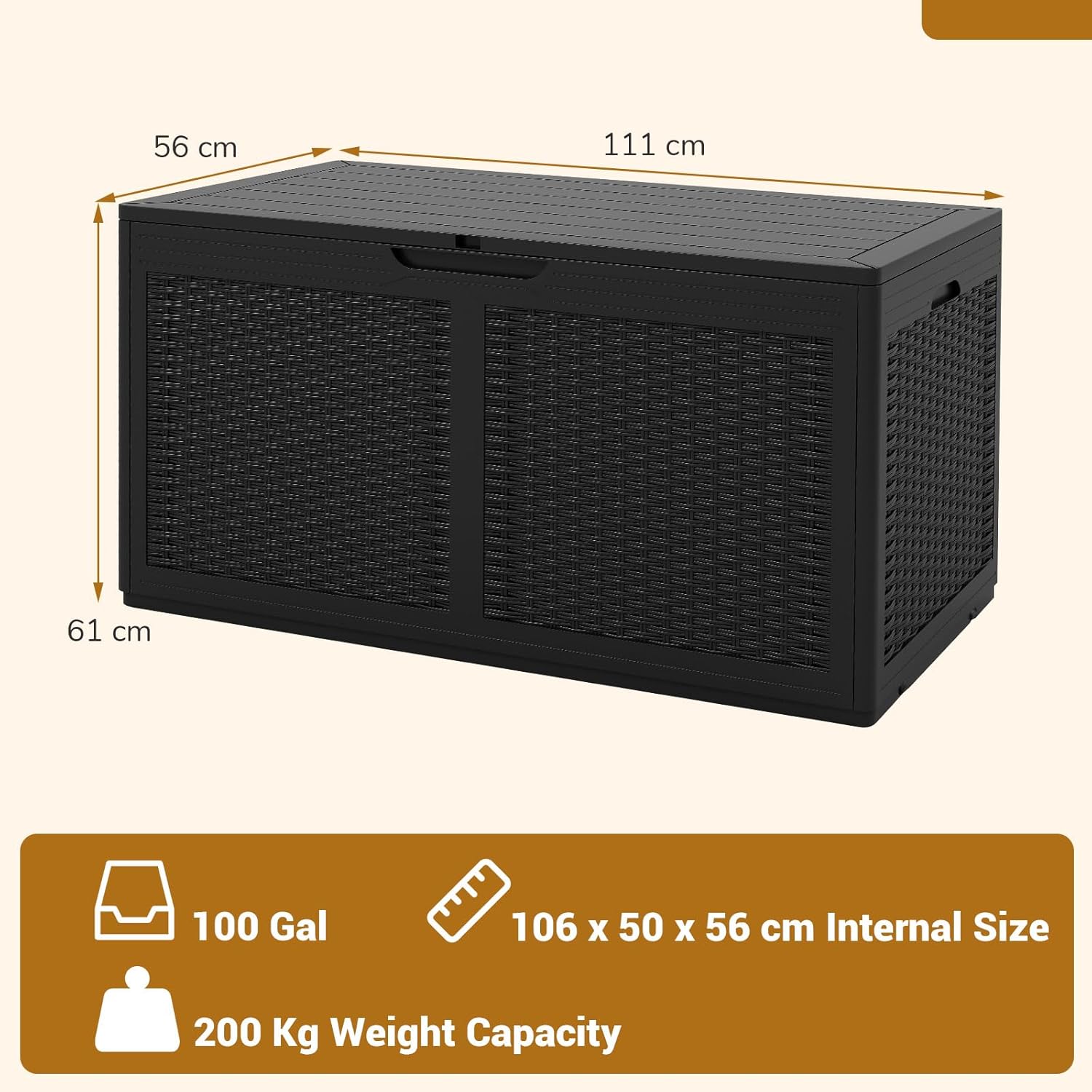Coffre de Rangement Extérieur Étanche 380 L, Coffre Banc Jardin Exterieur avec 2 Roues, Charge 200KG (Noir,111x56x61-380L) - 2