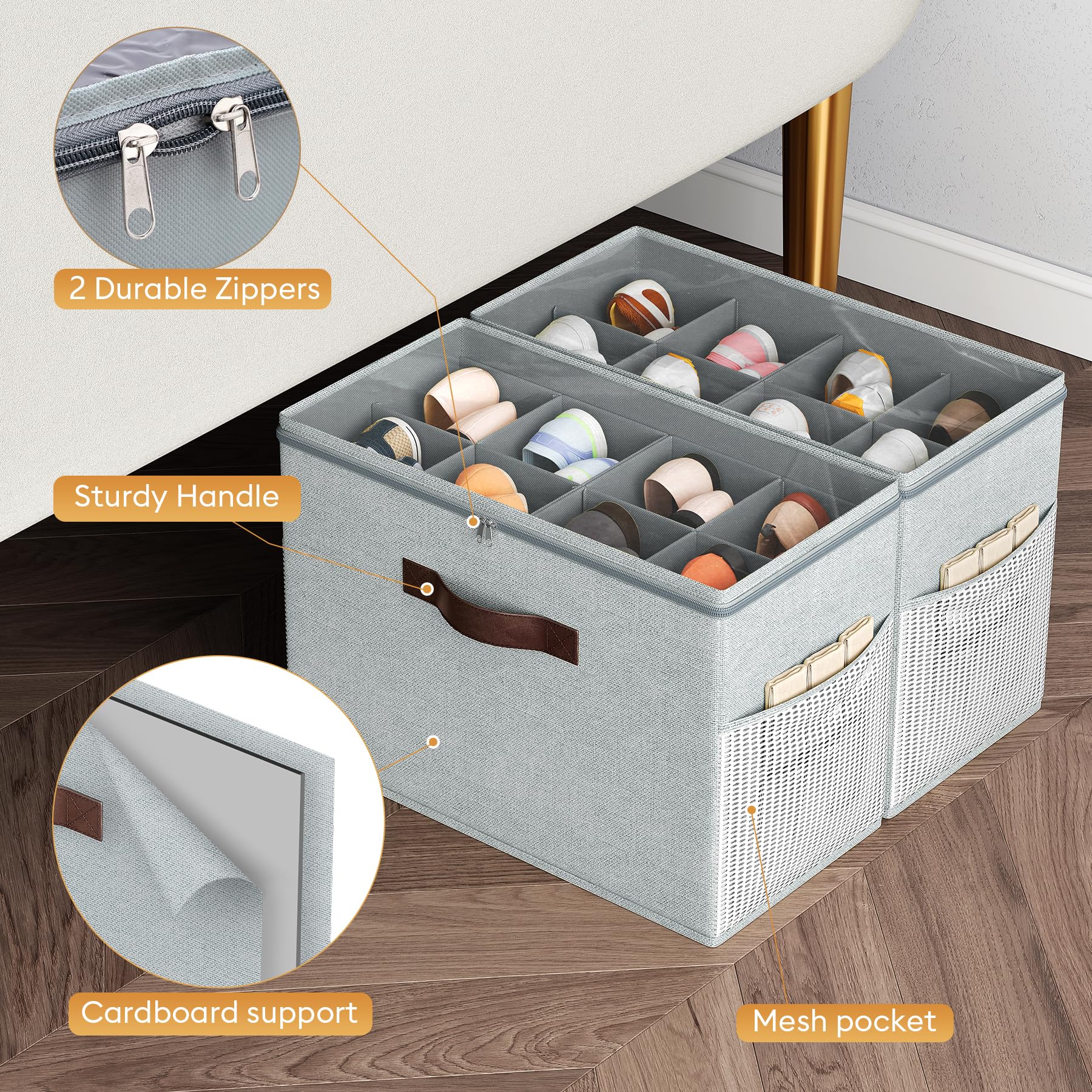 BEXTCOK 2 bacs de rangement pour chaussures, bacs pliables à compartiments avec couvercle, bacs de rangement anti-poussière pour sous le lit - 5