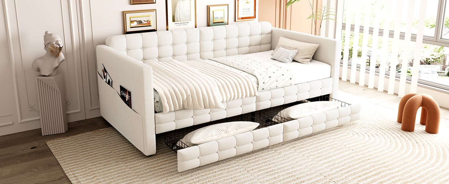 Sofa tapicerowana z funkcją spania 90x190cm - ze schowkami - z 2 szufladami - tkanina welurowa - kolor beżowy (materac nie jest wliczony w cenę) - 3