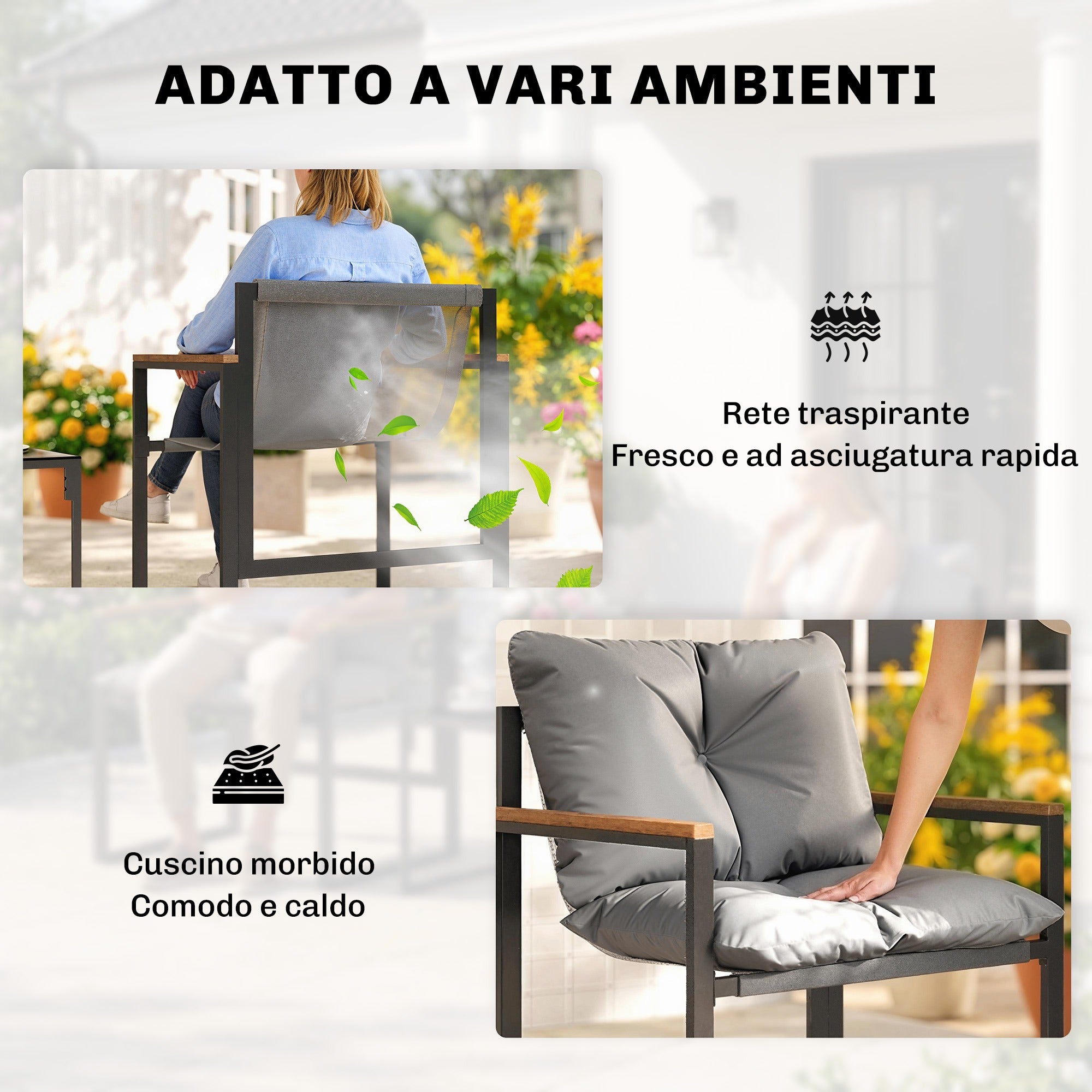 Ensemble table et chaises de jardin en métal pour 3 personnes avec coussins épais, multicolore - 7