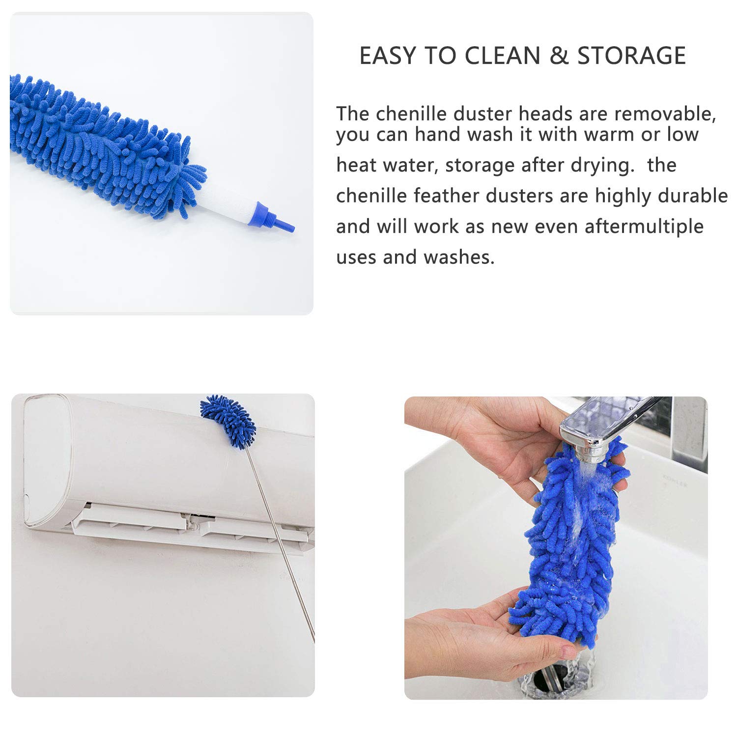 Kit de nettoyage pour plumeau avec manche télescopique extensible à 100 pouces, chiffons à poussière réutilisables et pliables, chiffons légers - 7