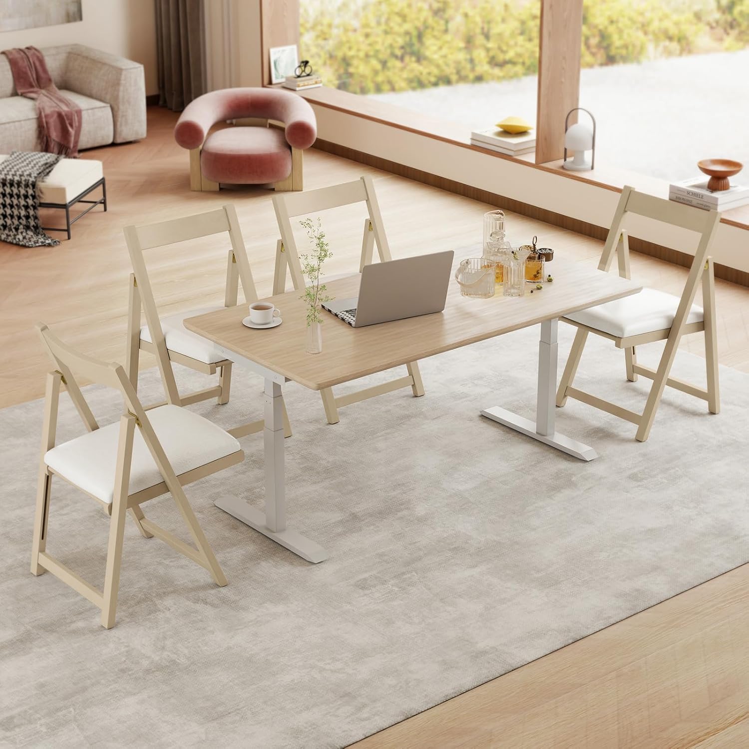 Lot de 2 Chaise Pliante avec Dossier Courbé, Chaises de Salle à Manger Rembourrées, Structure en Bois de Caoutchouc, pour Salon, Charge 150 kg, Beige - 9