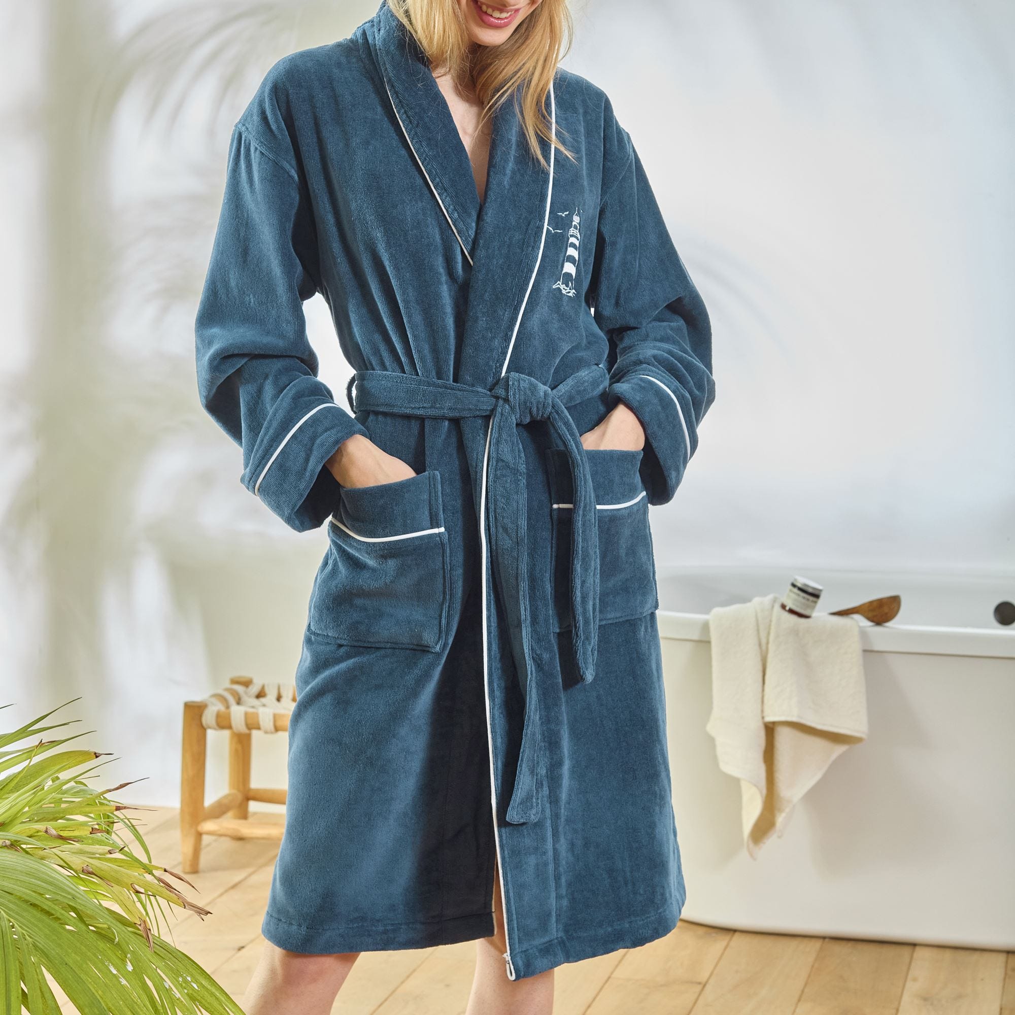 Peignoir de bain PHARE S bleu marine en coton 380 g/m² Leroy Merlin