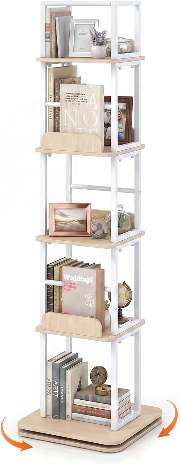 Bibliotecă rotativă, raft pentru cărți cu 5 niveluri, rafturi deschise cu margini laterale și opritoare anti-cădere, 40 x 40 x 148,5 cm, bej